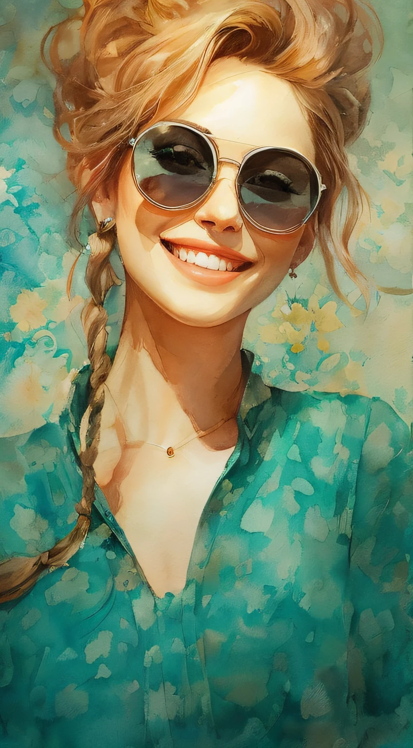 painting of a woman with sunglasses and a braid in her hair, realistic cute girl painting, high quality portrait, smiling girl, cute portrait, realistic portrait, beautiful smile, lovely smile, watercolor digital painting, beautiful digital artwork, gorgeous digital painting, by Igor Grabar, beautiful and smiling, color portrait, pretty smile, beautiful digital painting, bright smile, digital art picture