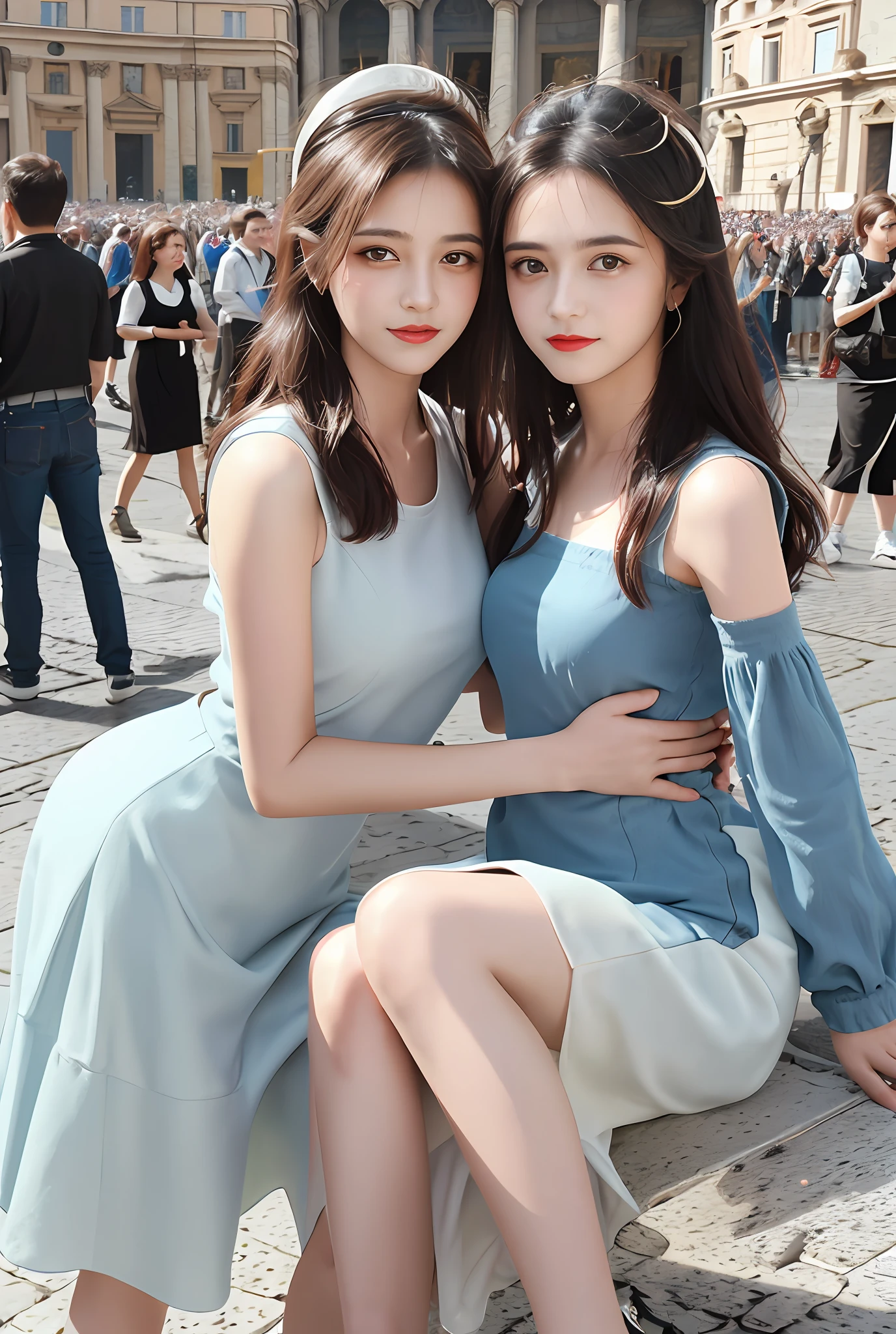 (巨作, Best quality, Realistic),
2girls,duo,(on the St. Peter's Square of Vatican,crowd), sankta. Peter's Square of Vatican background,gypsy dress,(Princess Eyes,shiny pupils),Dancing,banquet, crowd, picking up skirt,
[Slight smile],