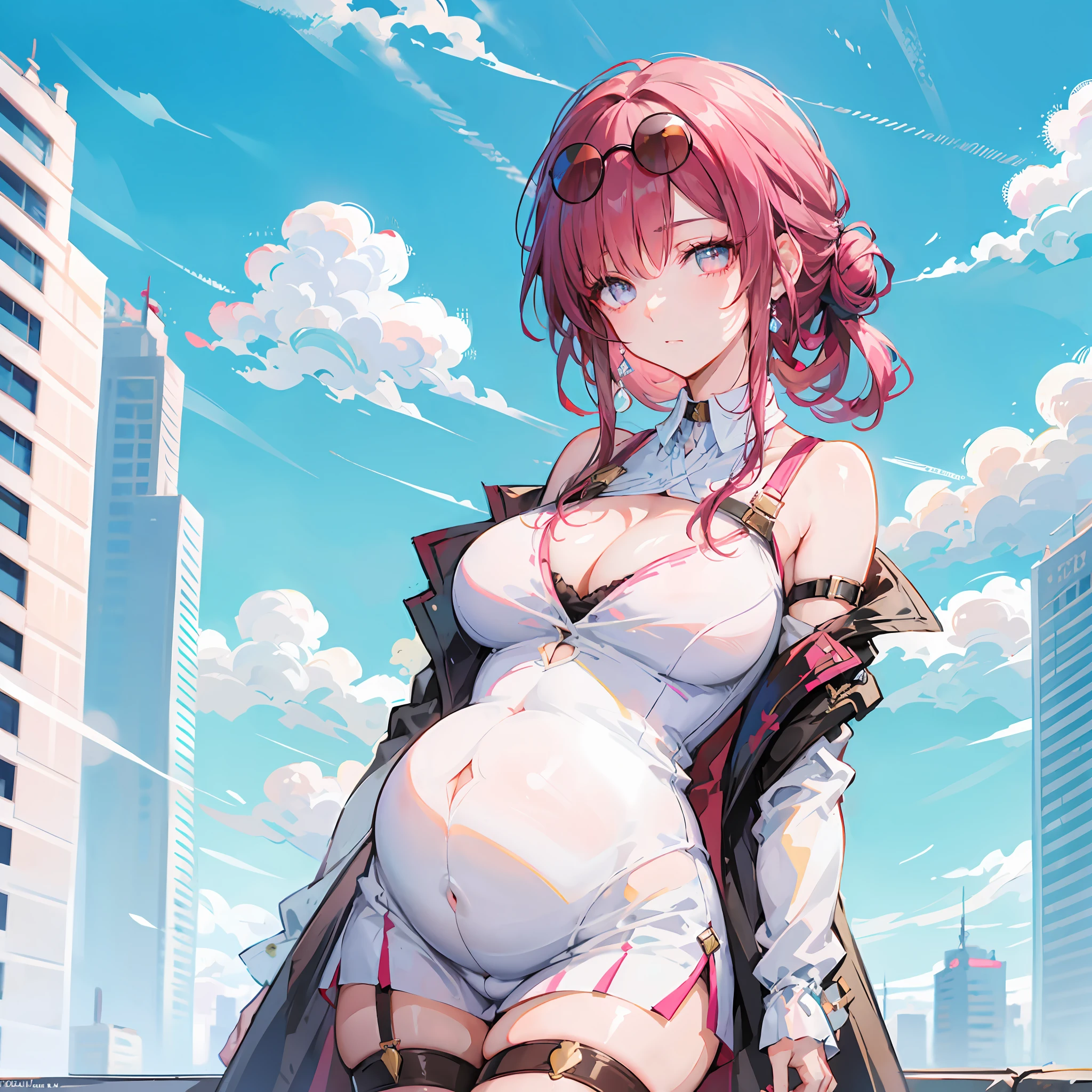 tmasterpiece, Best quality, (Detailed eyes and skin), ((Realistic)), Fuka, 1girll, Dark redhead_Hair, Yellow_clothes, black_clothes, Blue_Eyes, Blue_sky, bblurry, bblurry_Background, bblurry_foreground, (modern_City:1.5), mediating_Breasts, Exercise_bblurry,photore_\(curly\),long whitr hair,Skysky,独奏,Upper body body,Pregnant belly,Beth,Showing the belly,youthfulenergy,24-year-old girl,Royal sister,Two-dimensional painting style,Pregnant women with,Best quality, 8K, High quality,, hair adornments, cone hair bun, Long hair, Hair, bangs, bow, maid headdress, upper legs, Stockings, white thighhighs, cleavage cutout, Face focus, Close up, (Heart-shaped pupils:0.9), (Blush:0.65), (1girll, Solo:1.4), Cityscape, Blue sky, Bright sky, Sunny, holding flower, Large breasts, Detailed background, Detailed clouds,Pregnant belly,Two-dimensional painting style,(Masterpiece), Best quality, Fine details, Highest picture quality, Masterpiece,exquisite CG,1girll,Closed mouth,Brown eyes,Long hair,bangs,Bare shoulders, cleavage,(Big breasts:1.4),Bare arms,Pink bikini,navel,Lace,a garter belt,Thighs,,White pantyhose,water,hyper pregnant,Girl,SushangV4,Yae,SideBraid,
