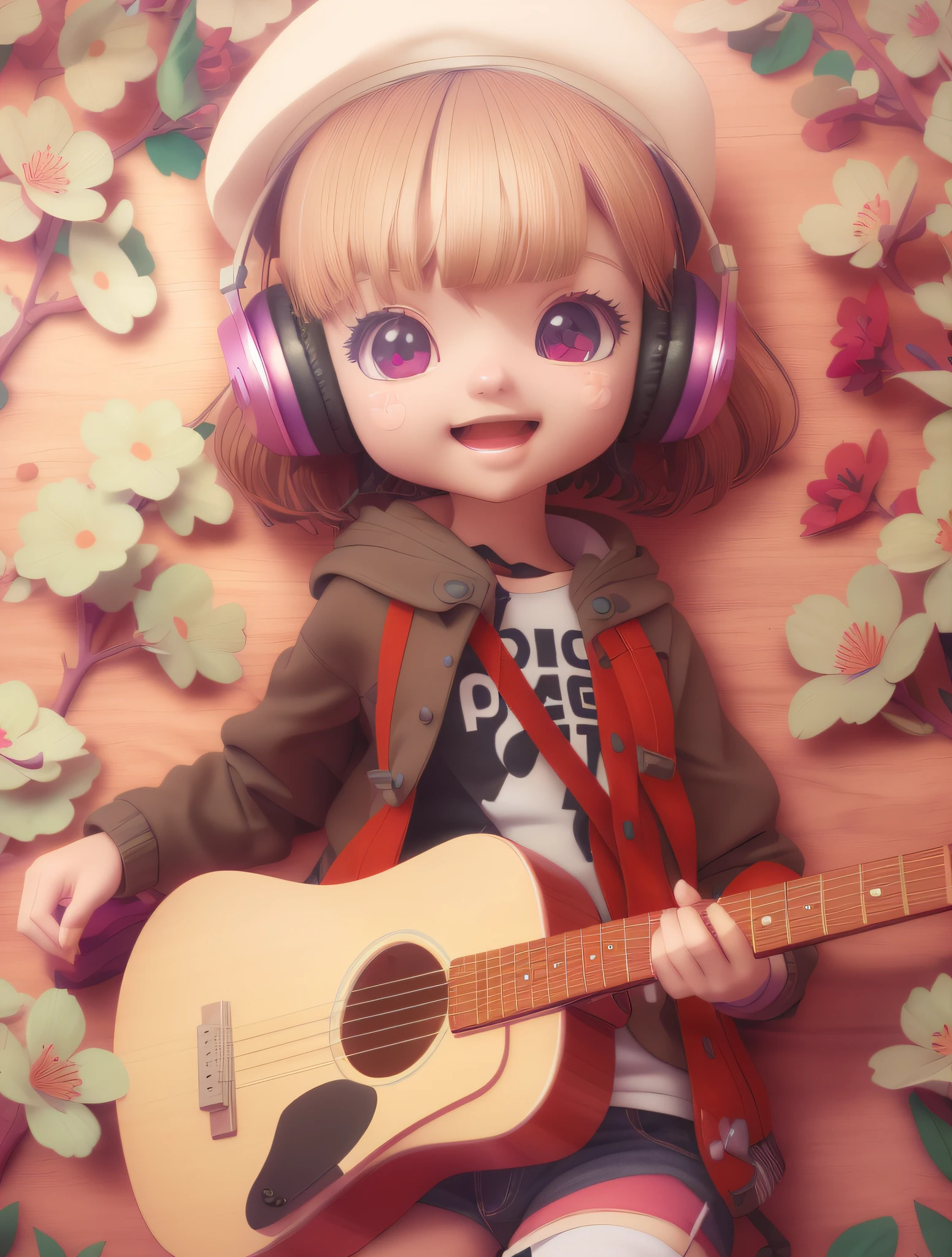 There was a girl with headphones, a guitar and a hat, render of a cute 3d anime girl, Kawaii realistic portrait, anime styled 3d, Realistic anime 3 D style, 3d anime girl, cute 3 d render, Cute detailed digital art, Stylized anime, Anime style. 8K, adorable digital art, style of anime4 K