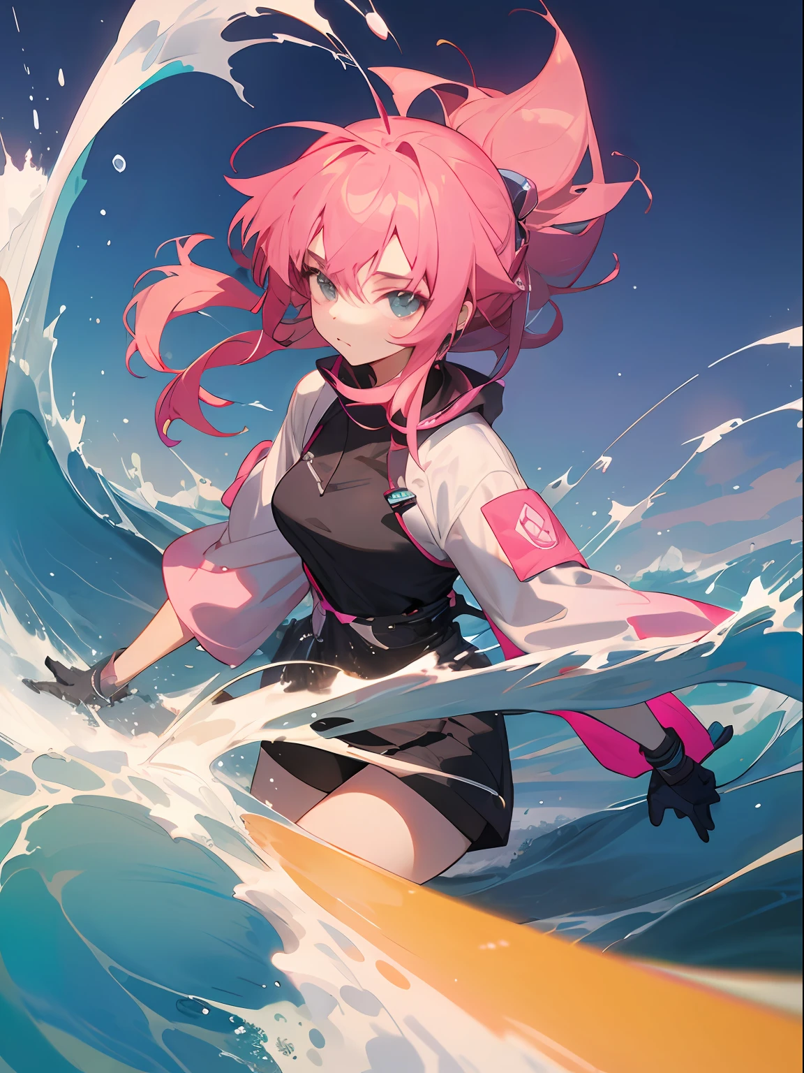 Anime girl with pink hair，the sky background，The waves behind her are words you don't want to live without