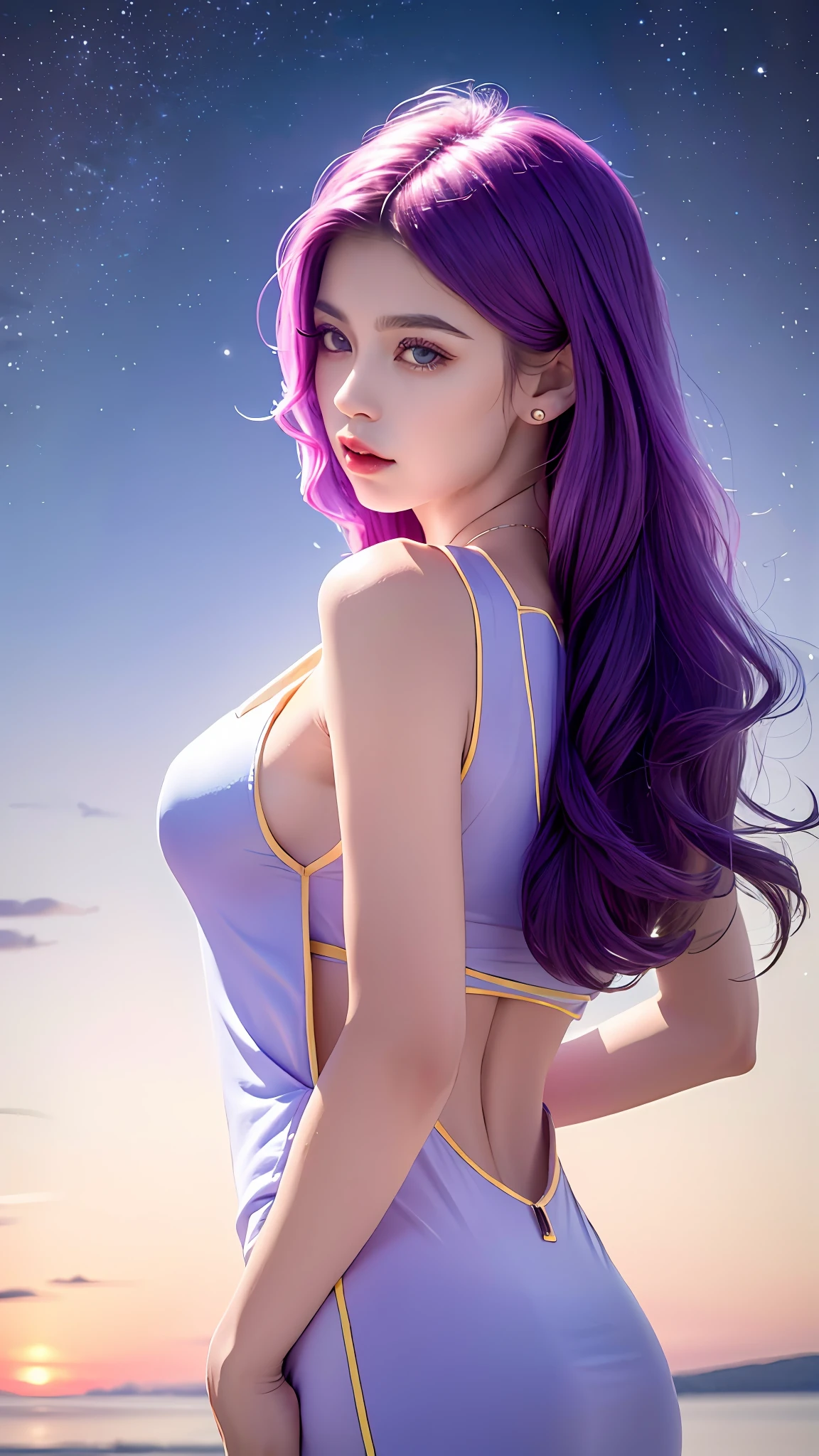 Real Human, Master quality, Mysterious and elegant back,(Describe hair), Put your hands on your chest, one hand stretched forward,Concept of redemption,(The beautiful)+eBlue eyes,(Smooth and elastic)+long blue-purple hair,(the detail)Elegant lines,Slender eyes, tail and delicate nose,(atmosphere)serenidade。
Prompt optimization：
		Real Human,Master quality,Mysterious and elegant back(Background with),Moonshine on your hair,Elegant gestures exude the concept of salvation,Sky blue pupils have a slight jewel-like sheen,(Smooth and elastic)The long blue-purple hair has a soft and flowing texture,Beautiful lines,The tail of the eyes and nose are delicate，Echo the surrounding atmosphere，Calm and serene。(concentrate：The content in parentheses indicates the weight of the section，The number after the colon indicates the enhancement factor of that tag。)