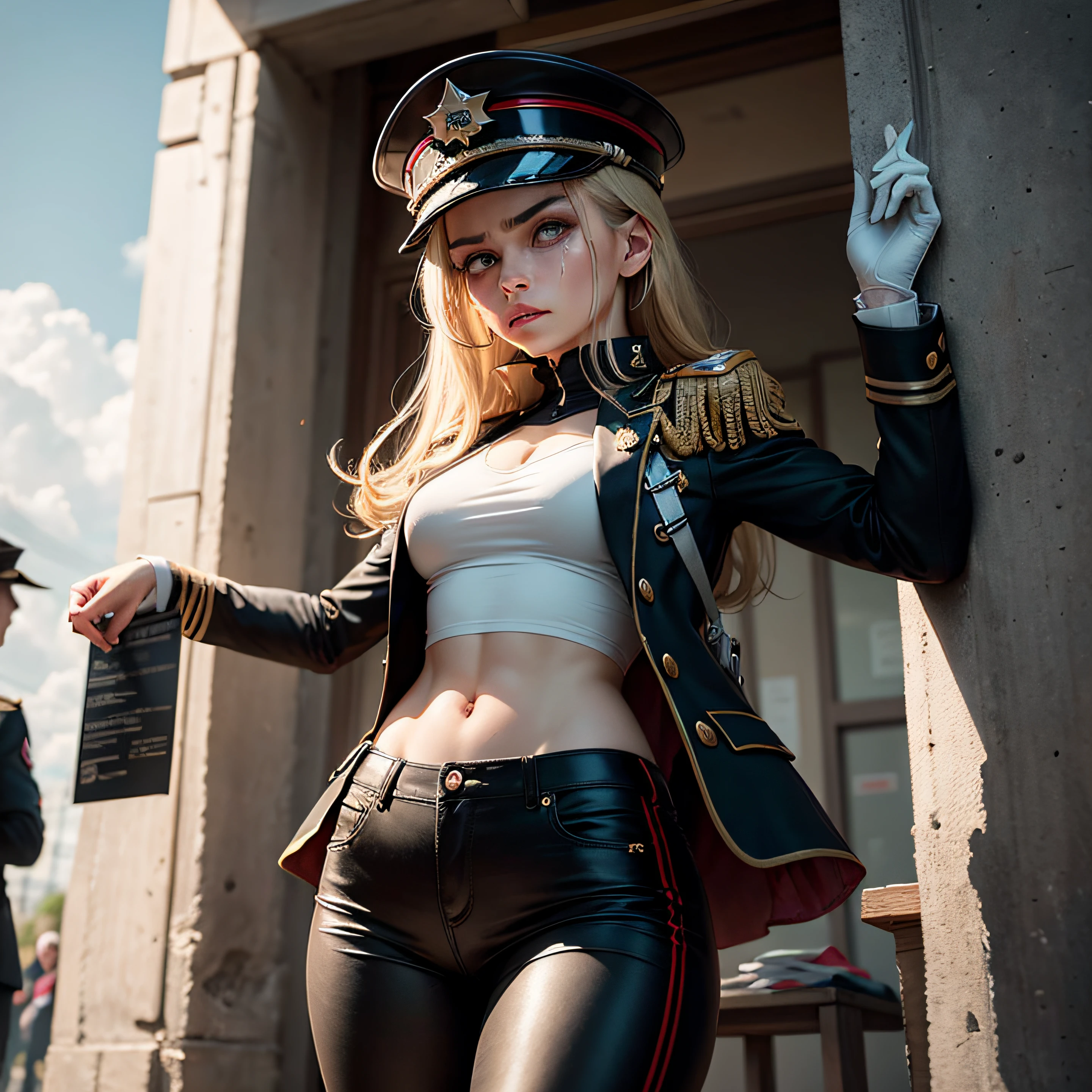 highres, viele details, dark fantasy, weibliche Soldatin, schlanke Frau, pretty soldier,  dunkelbraune Haare, light armor, hellblaue Uniform, kaputte Kleidung, besiegt, starr vor schreck, im Gefecht, frightened, benässte Hose, heult, weint, hat Angst, Gefangengenommen, Gefangene, aufgegeben, panik, schrecken, hat die Hosen voll, scared face, overtaxed,  nasse Hose, pinkelt vor Angst in die Hosen, scared face, erkennbar nasse Hose,  erschreckt, ergibt sich, tears in her eyes, nasser Fleck auf der Hose, fsk 18