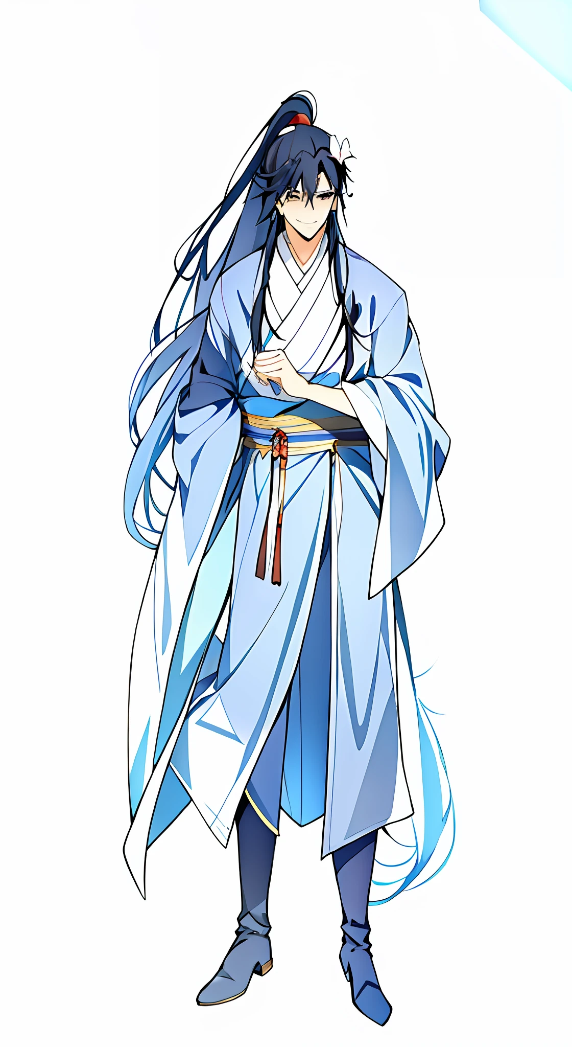 Anime characters with long hair and blue robes holding a fan, flowing hair and long robes, full-body wuxia, inspired by Wu Daozi, wearing a long flowing robe, Wears a robe with a moire pattern,brunette color hair,Wearing black boots,With a fan,The robe has a white pattern,The scent hangs around the waist,There are white flowers on the aroma,The expression is a smile,big-eyed handsome guy,There is a pattern on the bottom of the robe