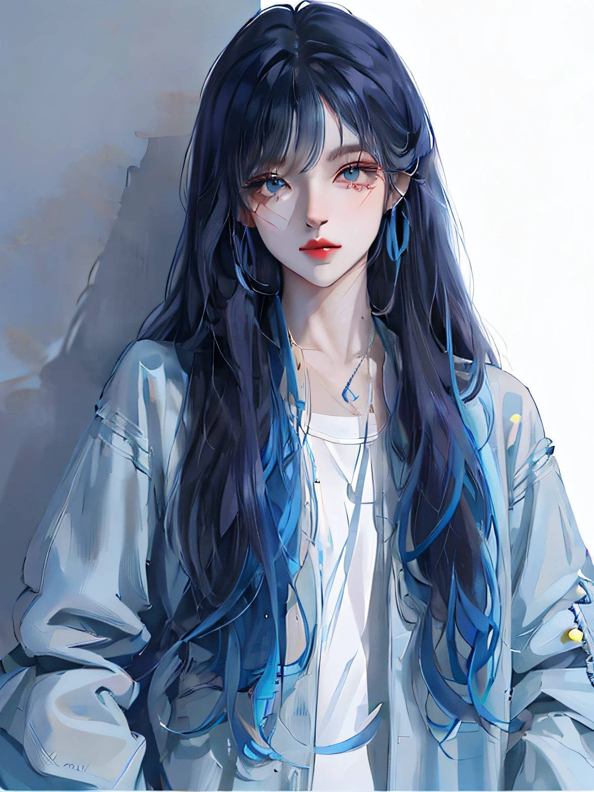 a close up of a person with long hair wearing a jacket, Anime girl with long hair, Anime style. 8K, realistic anime artstyle, Beautiful anime style, Realistic young anime girl, beautiful blue-haired girl, Girl with blue hair, style of anime4 K, Beautiful anime girl, style of anime, Realistic anime 3 D style, up of young anime girl, Style anime，Plus red and black gradient hair