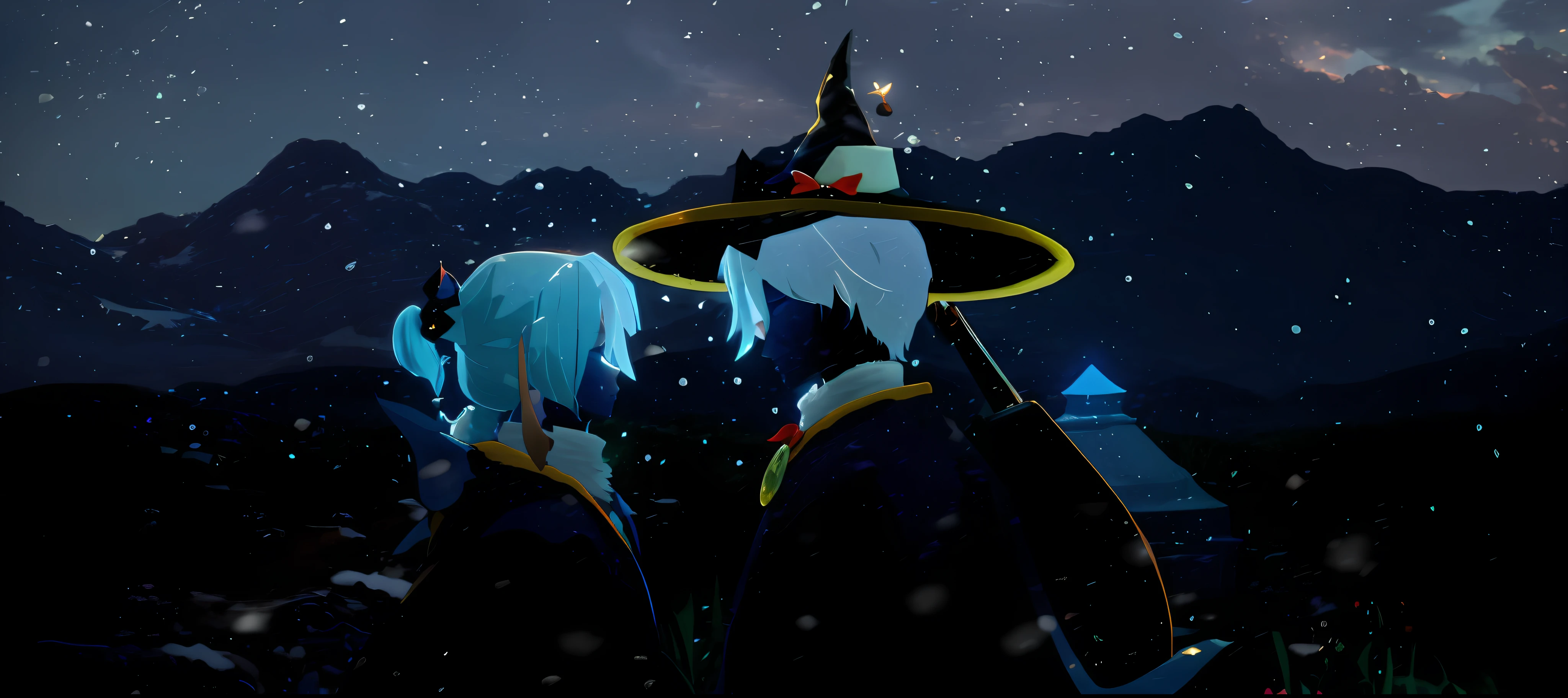 Two people stood in the snow, Wizard hat movie lighting, mages, Ice Mage, from the black mage cemetery!!!, Blue witch hat, Avatar image, Blue wizard hat, heavy vignette!, in an icy cavern, evil sorcerer, sorcery magic witch battle, an arcane wizard casting a spell, ice sorceress