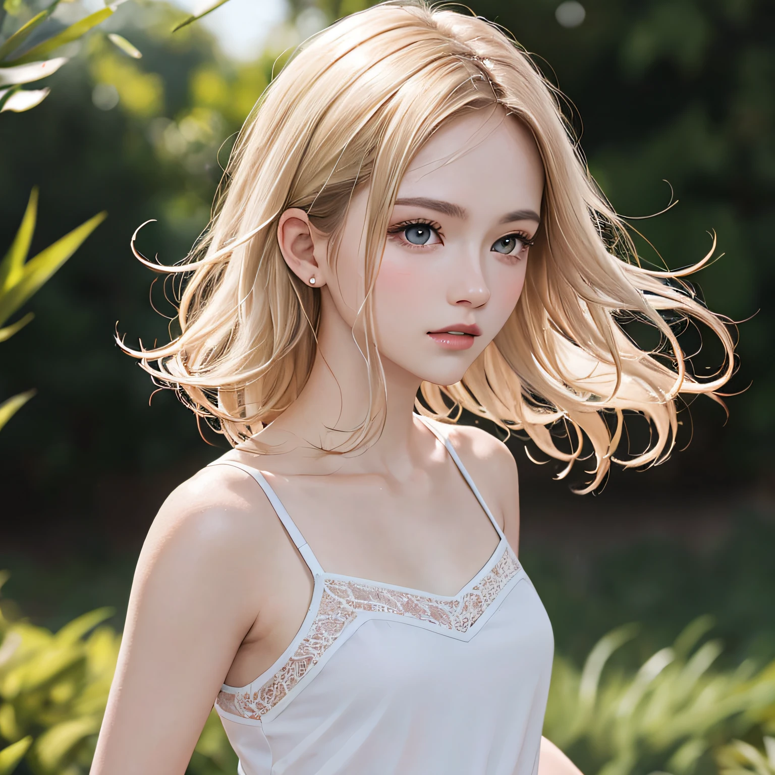 (in 8K, RAW Photos, of the highest quality, Masterpieces: 1.2), (Realistic, Photorealistic: 1.37), Highest Quality, Ultra High Resolution, light leaks, Dynamic lighting, Slim and smooth skin, (Full body:1.3), (Soft Saturation: 1.6), (Fair skin: 1.2), (Glossy skin: 1.1), Oiled skin, 18 years old, Strong light in the morning, flat chest, shiny white blonde, Well-formed, Hair fluttering in the wind, Medium Hair, up close shot, Physically Based Rendering, From multiple angles, Shiny White Camisole, Transparent、