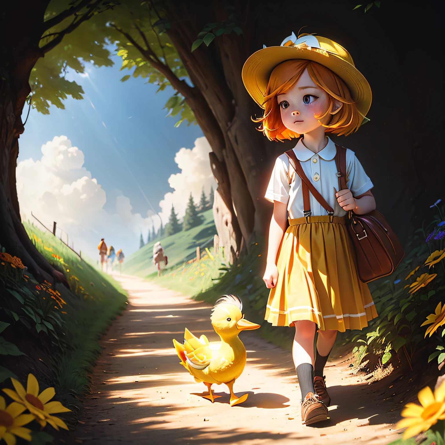 ((best quality:1.2)),Advanced hand-drawn style, Finely portrayed  girl，Orange hair，Wear light suspenders and a little yellow duck hat，Carrying a red school bag，Yellow puppy in his hand，Stepping on the path in the field，The road is lined with brightly colored wildflowers and grass，The sky is blue and cloudless，The sun is shining brightly，The picture reveals a childlike and fresh atmosphere。 --auto