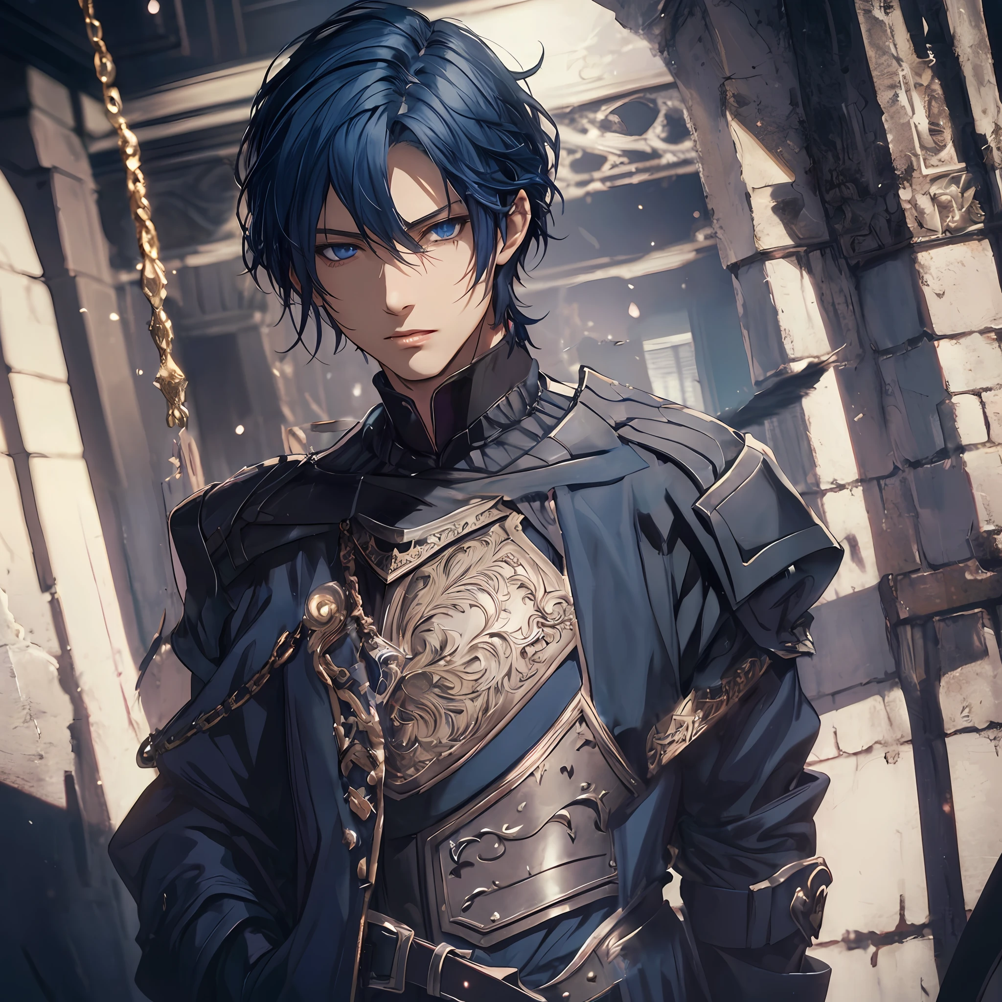 masterpiece, best quality, 1man, adult, male focus, solo, dark blue hair, short hair, blue eyes, looking at viewer, closed mouth, Fantasy aesthetics, Highly detailed, shadowverse style, black metal armor outfit