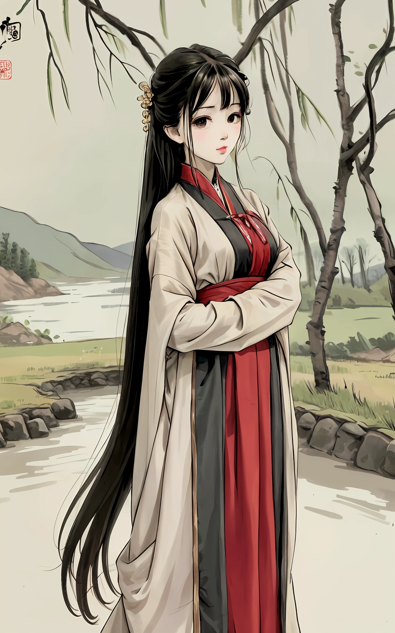 Shuke walking horse, negative space, , shuimobysim, The woman stood in front,The man hugged from behind, Willow branches, (tmasterpiece, best qualtiy:1.2), Traditional chinese painting, Model style, placid, (ssmile), looking at viewert, Wearing a long Han costume, Hanfu,song,Willow tree in background,The five permanent said,
