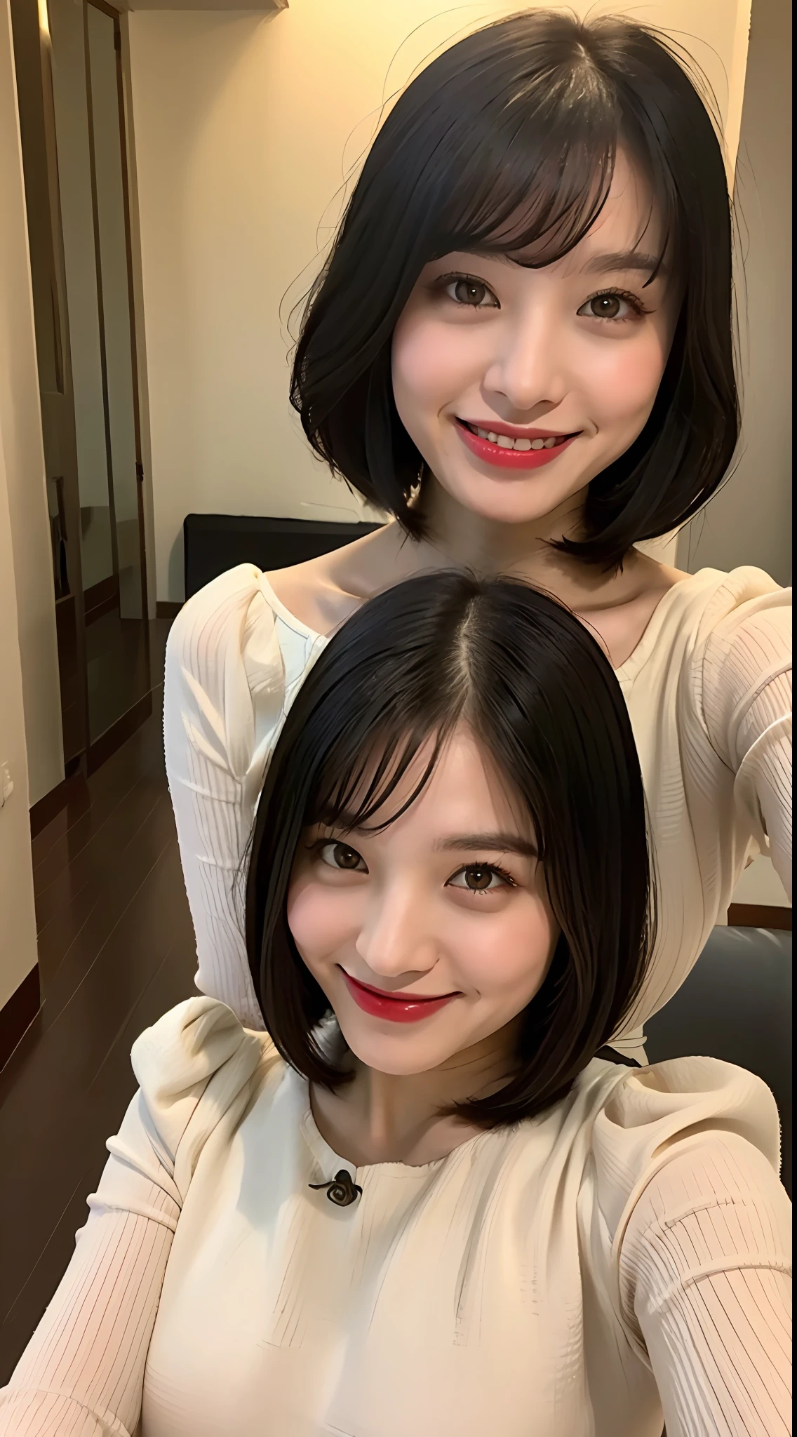 ((Natural night lighting、8k、top-quality、​masterpiece:1.3))、(realisitic、Crisp focus:1.2)、Very delicate and very cute woman:1.4、((1 girl in))、(inside in room、white backgrounid)、Perfect style、ultra-detailliert、hight resolution、(Lace dress with black sleeves:1.1)、(Black hair、Medium Short、Layer Cut Hair:1.2)、valley、 (huge tit、full bodyesbian:1.3)、Highly detailed facial and skin texture、Highly detailed lip texture、red-lips、beatiful detailed eyes、Smile、shiny lips、eye make up、Angle from the front、Head to knee angle、Spread your legs　Futomo　Yashi