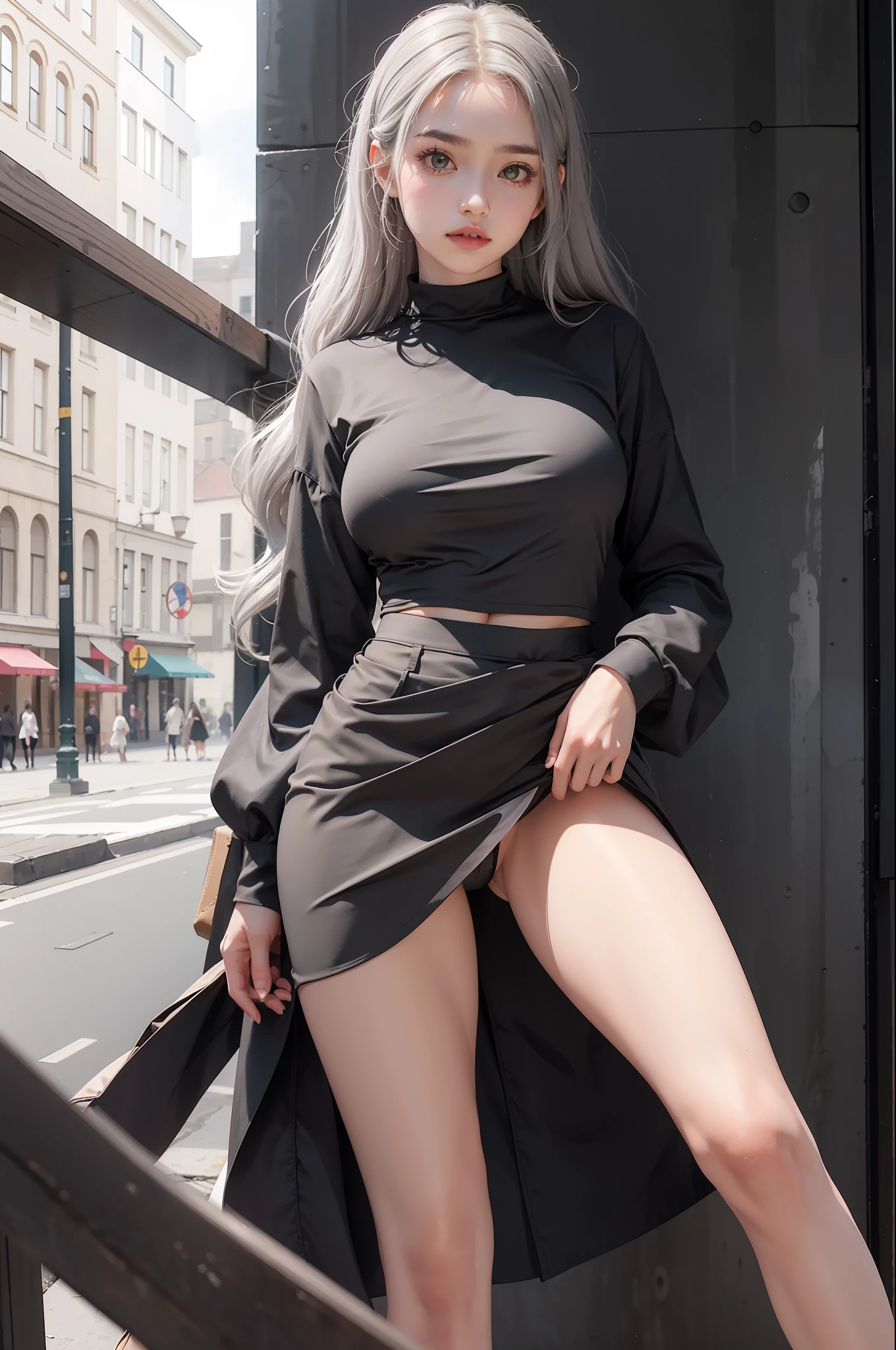 Realiy，Need,1girll,teens girl,Big eyes,Gray hair,Wave head,Rosy face,Shy，Shine,Bigchest，Beautiful leg line:1.3,Thin leg，long leges,Big breasts Thin waist,校服,black lence stockings,tiese,Shirt with a transparent matte texture，with no underpants，no pant，no  skirt