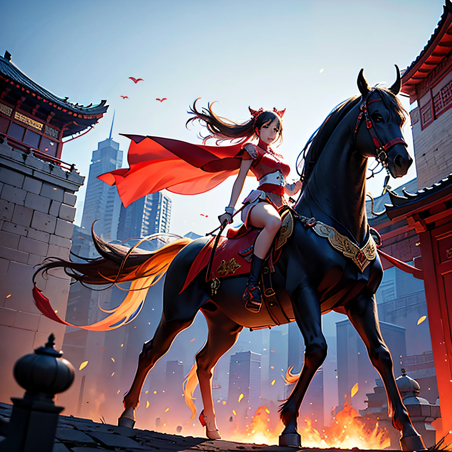 Li Shimin,Wearing bright light armor,Riding a jujube red horse,Standing on the upper floor of Xuanwu Gate City --auto