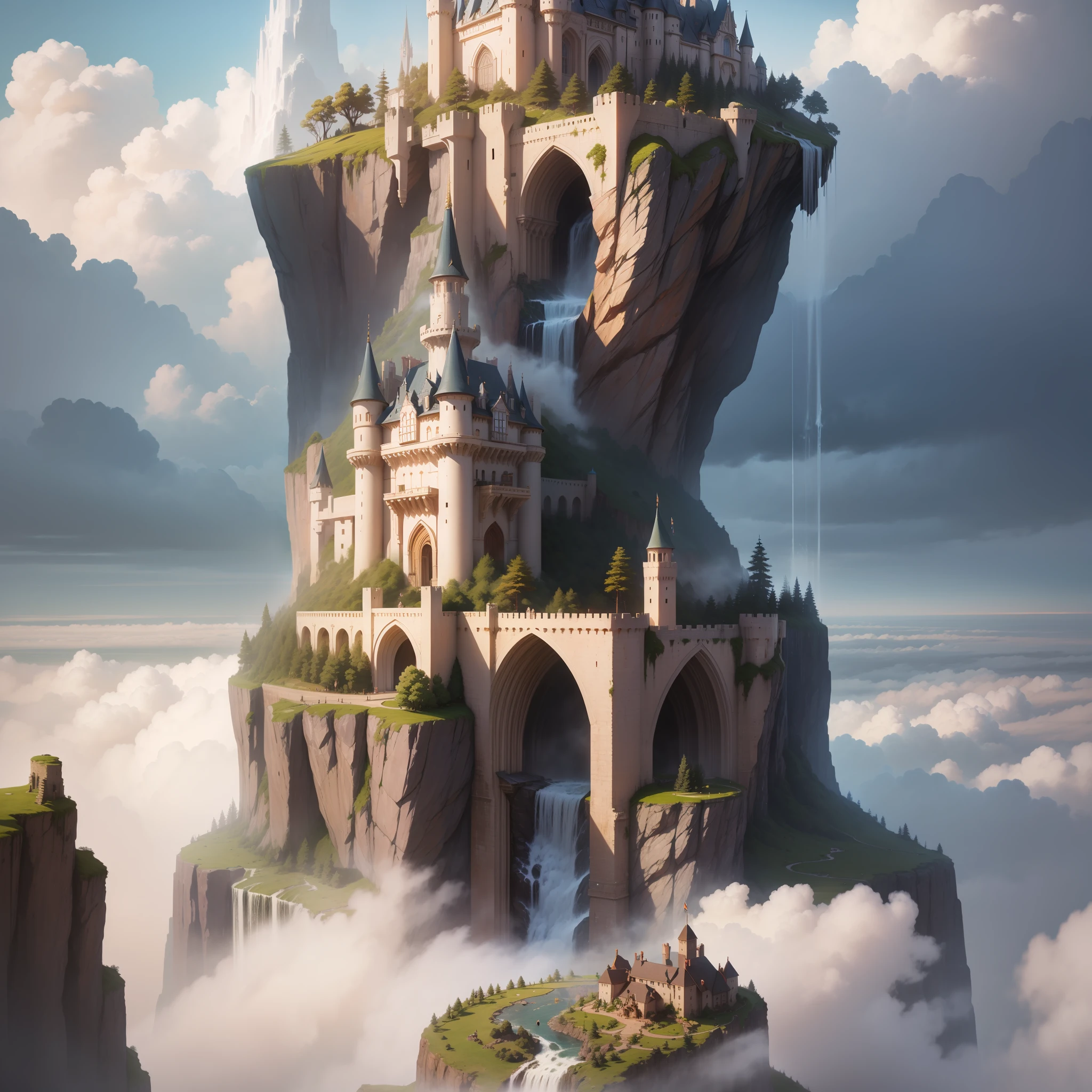Super huge castle Towering above the clouds Fantasia SF Isekai huge waterfall top-quality masterpiece 超A high resolution