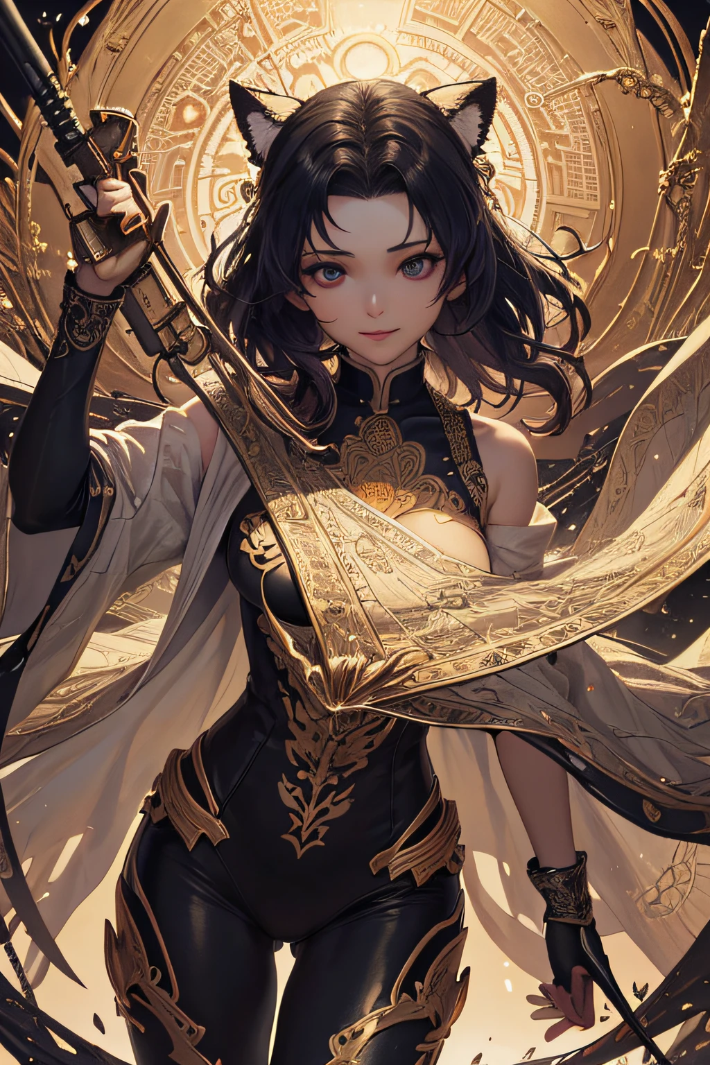 ((top-quality))、((masterpiece))、(ighly detailed:1.3)Gatling gun、guns、Beautiful hyper waifu in cyberpunk bodysuit firing anime、、Here at Blake Production Art、lot of purple and orange、intricate detailes、Volumetric lighting、Realism Break (masterpiece:1.2), Detail Shadows, (Top image quality), 4K, The ultra-detailliert, (dynamic compositions:1.4), high detailing, Colorful Detailed,( Irridescent color:1.2), (Glowing lighting, Atmosphere Lighting), dream-like, Magical, (独奏:1.2)(masterpiece、top-quality、top-quality、Official art、Beautifully Aesthetic:1.2)、(1girl in)、Extreme details、colourfull、highestdetailed、Official art、Unity 8k壁纸、ultra-detailliert、Beautifully Aesthetic、Beautiful fece、masterpiece、top-quality、(Zentangle、a Mandala、Tangles、Entanglement)、Holy Light、gold foil、Gold leaf art、glitter drawing、PerfectNwsjMajmagic