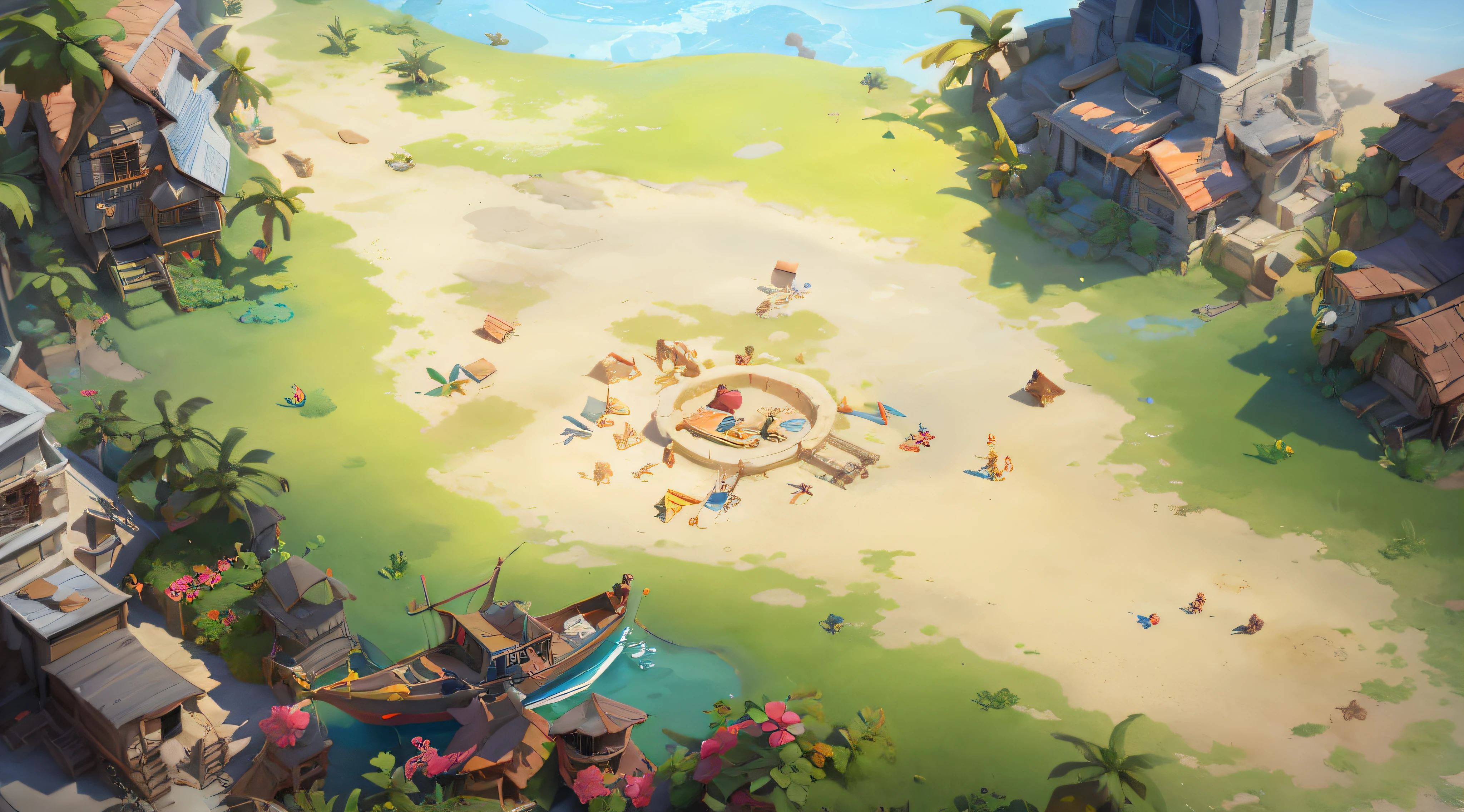 isometric art, archaeological view, masterpiece, best, detail, water, beach, land, island, coconut tree, wooden boat, blue sky, white cloud, stone, casual game style, cartoon illustration, 3d, blender, 3d effect, game engine rendering, super high quality rendering, crisp lines, OC rendering, 4K, highest quality,