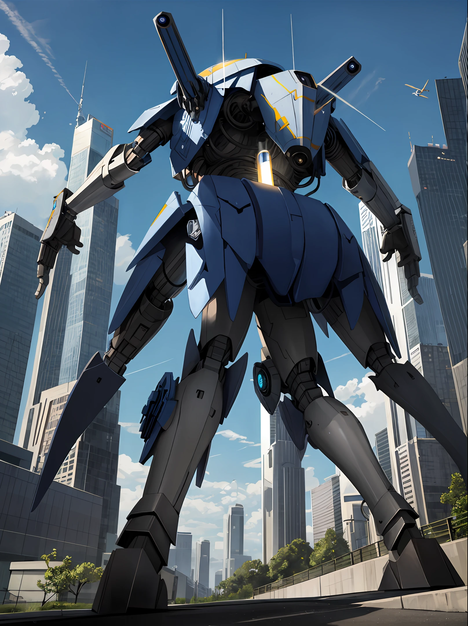 Look from the bottom up，mechs，城市，Super huge，human - shaped，There is a lightsaber on the back of the hand