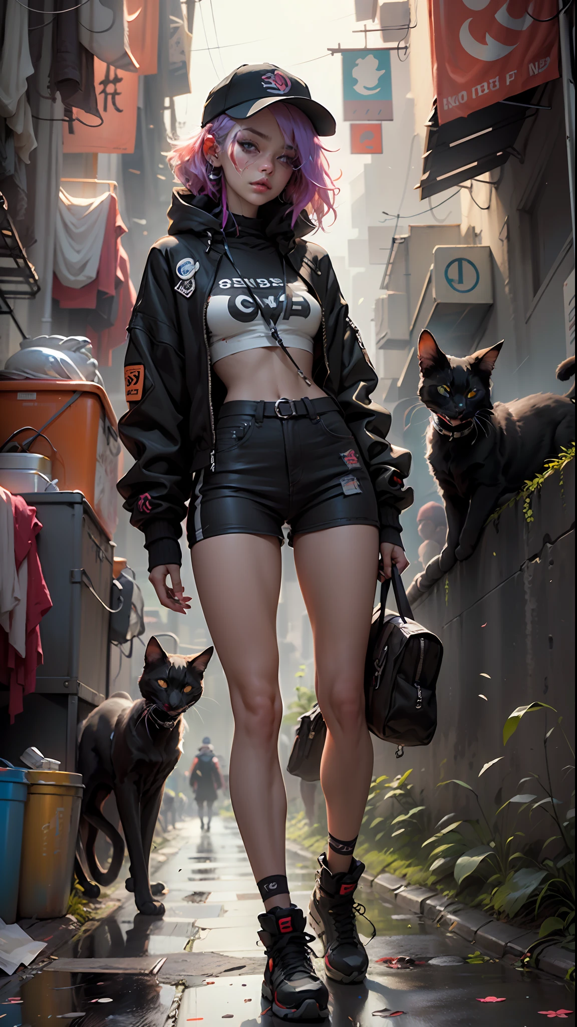 Kulomi，black cats，More cat ears，Beauty in the hair，wearing hat，Cyberpunk-inspired short outfits