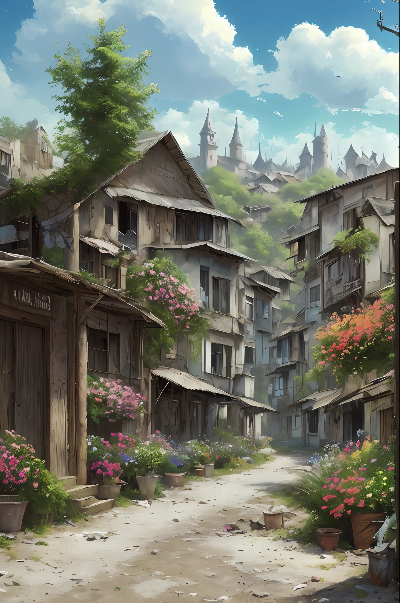 picturesque slums, very cozy little place, hyper realism, (anime Makoto Shinkai:0.4), old shabby house in city street,, outdoors, sky, cloud, day, scenery, tree, blue sky, building, sign, wide shot, utility pole, town, wilderness, flowers, a lot of utensils lying around in a mess