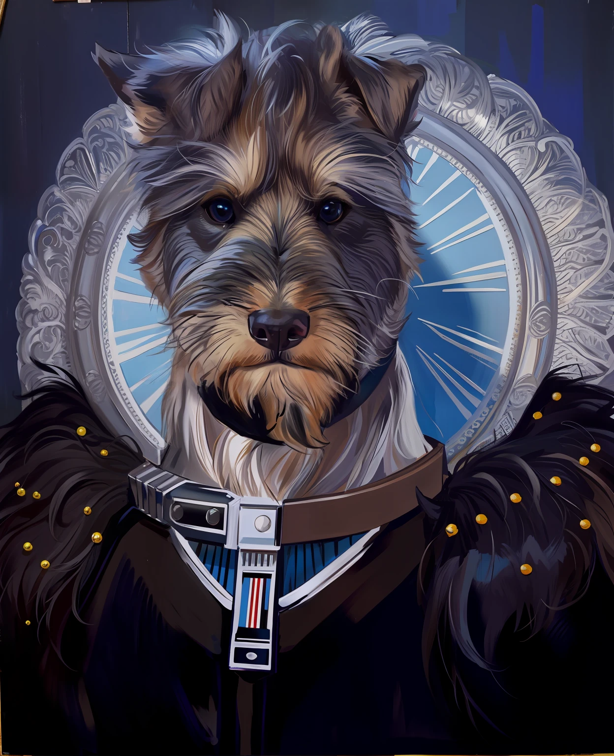 Painting of a dog as Darth Vader, oil-painting, Retrato imperial, retrato detalhado, retrato altamente detalhado, Retrato de Zeus acidentado, Pintura digital barroca, retrato de alta qualidade,