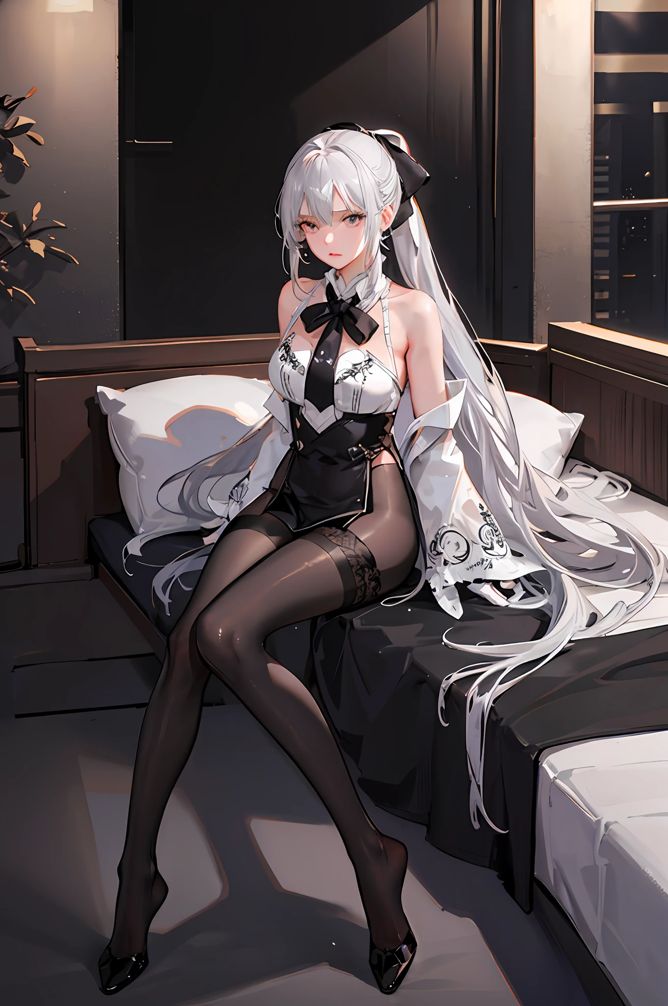 (((1 girl)),ray tracing,(dim lighting),[detailed background (bedroom)),((silver hair)),((silver hair)),(Fluffy silver hair, plump slender girl)) with high ponytail)))) Avoid blonde eyes in the ominous bedroom ((((Girl wears intricately embroidered black high-waisted pants with pantyhose) and white ruffled bow gloves), showing a delicate slim figure and graceful curves, correct limbs, sitting on the bed