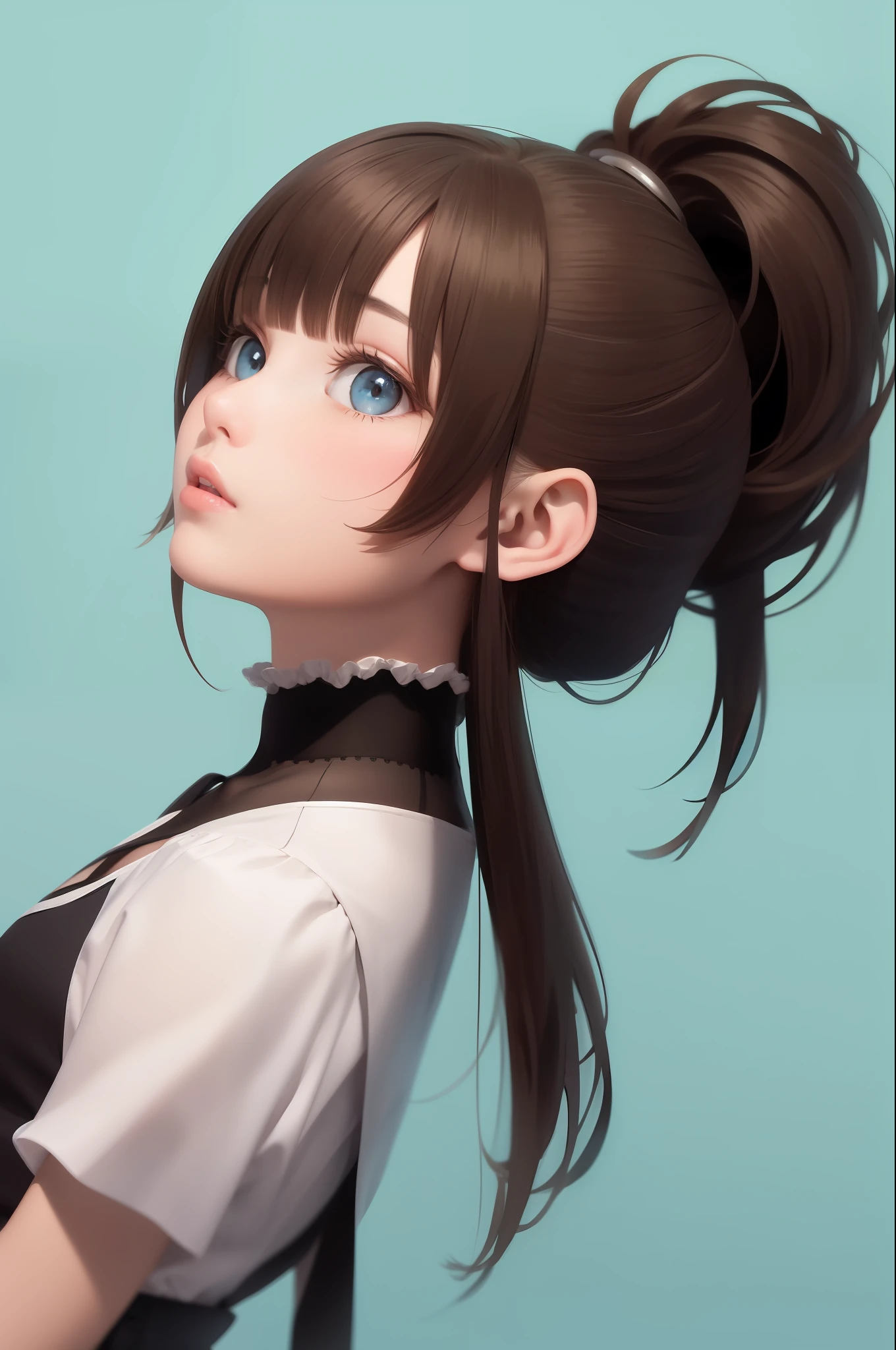 High ponytail,brunette color hair, blueneyes, head looking up, The upper part of the body