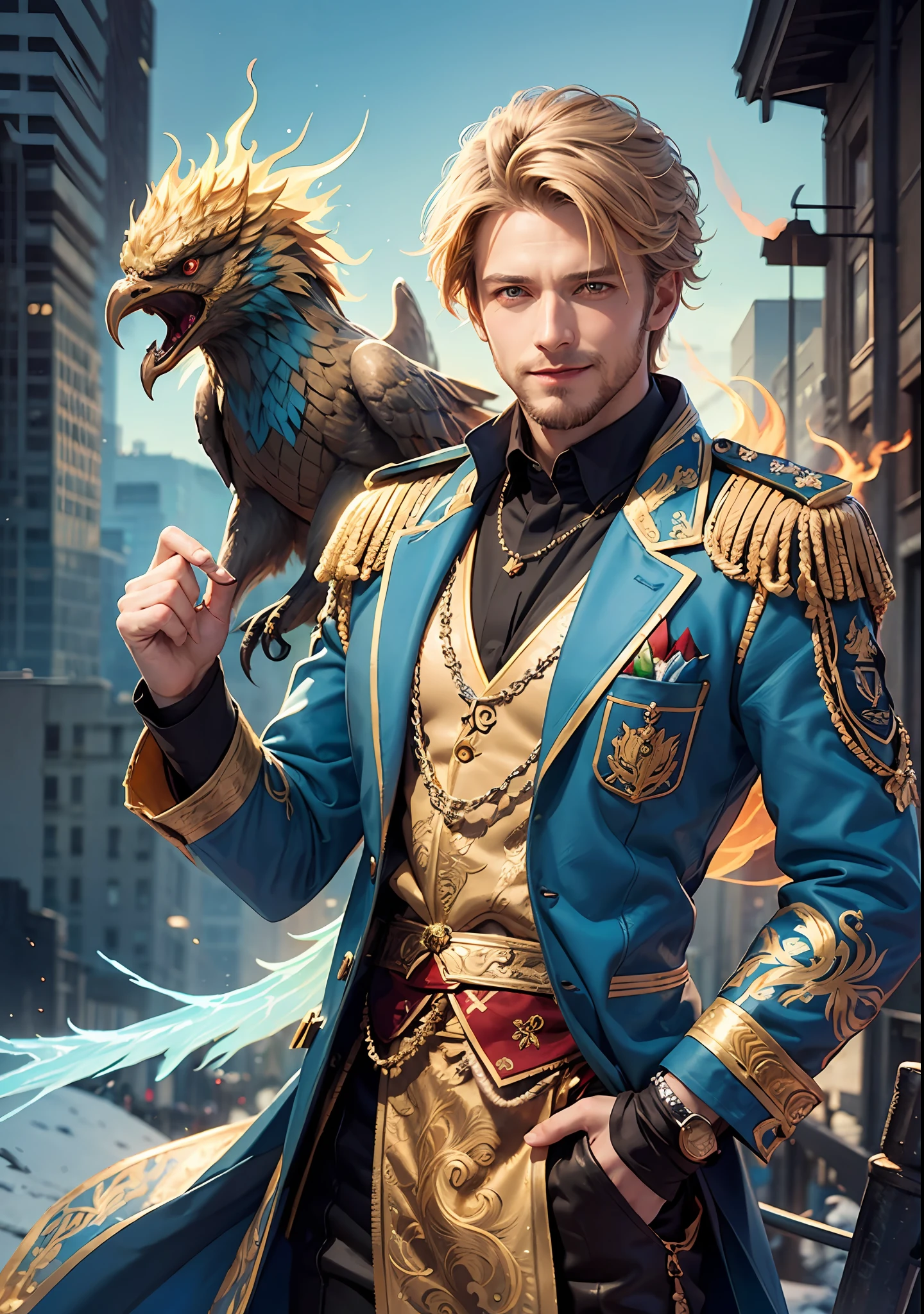 1male, A man with a small beard, light eyes, brunet, Cinnamon Gold Jacket, gold braid, actor Rütger Hauer, black pant, decent clothes, wide shoulders, Phoenix on the shoulder, Blue Flame, Smiling Phoenix, mythical creature, illustartion, warm colours, fentezi art