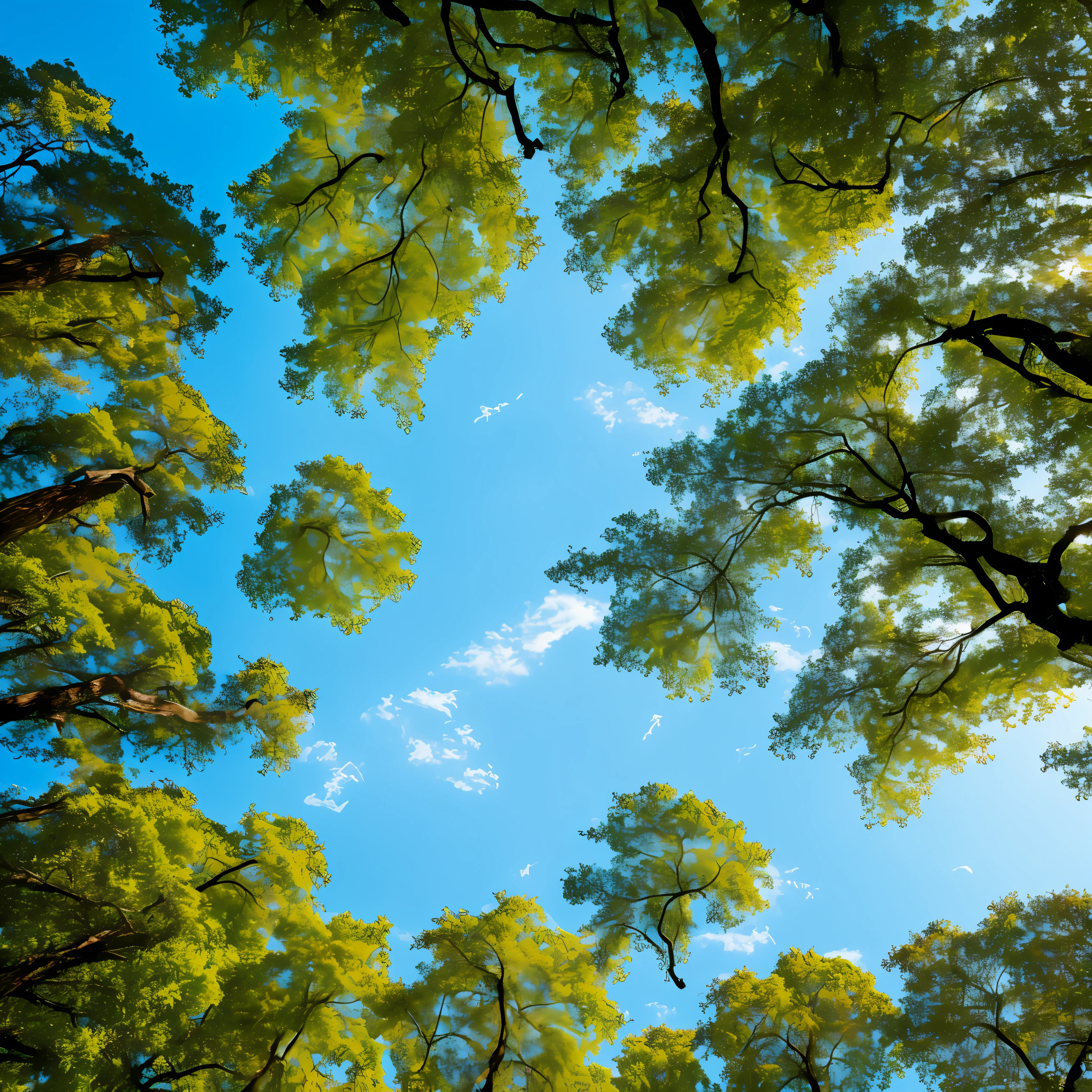 (blue-sky:baiyun:1.2+willowy:1.2),(Creeks and trickles),Natural light，Roaming shots，Sunny sky, Blue sky, White clouds，The water is rippling，The treetops sway，Verdant --auto