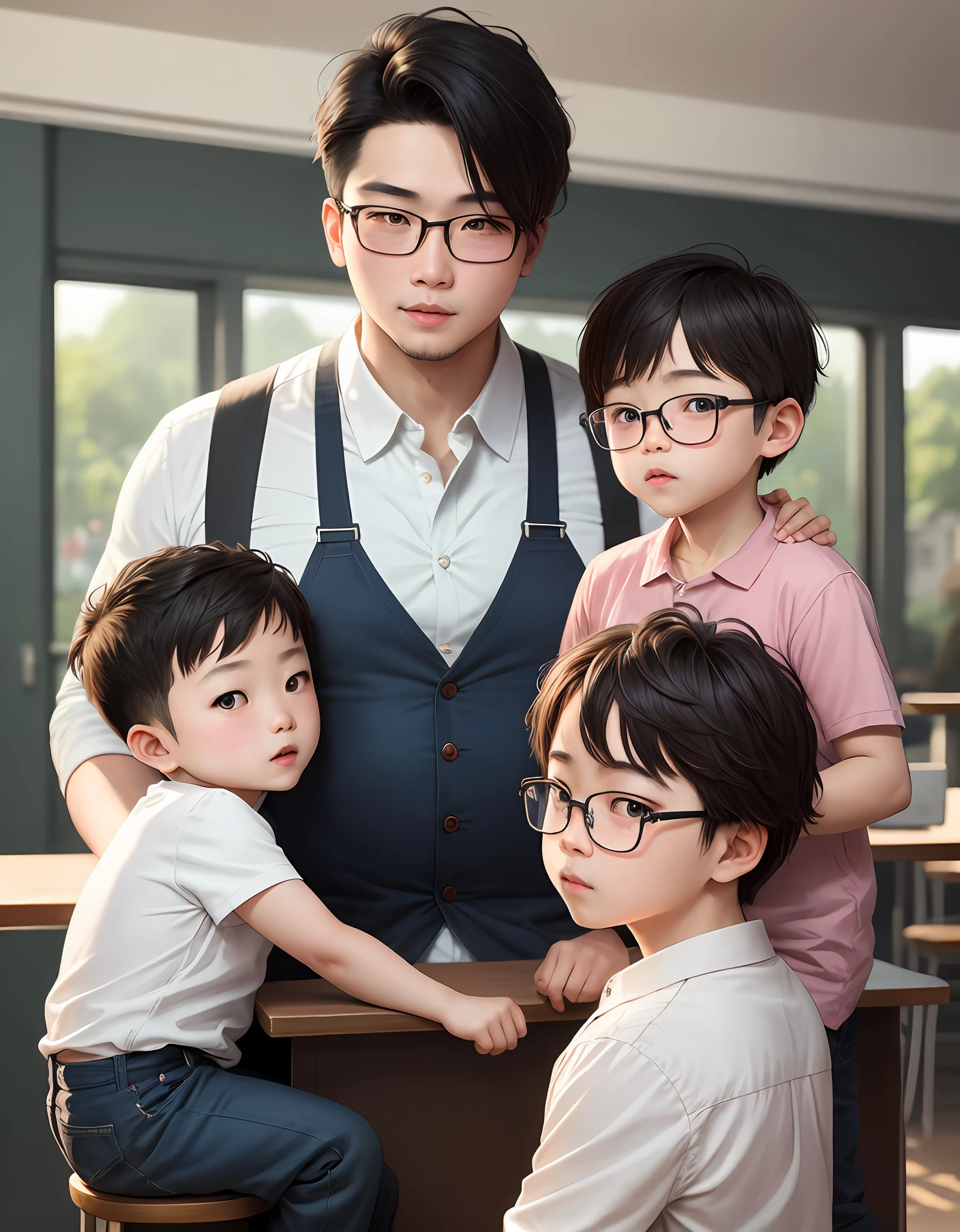 Single glasses Chinese dad，Raising 3 boys alone，Big Boys, High School, Second Boys Primary School，Three boys and two years old，Realistic avatar