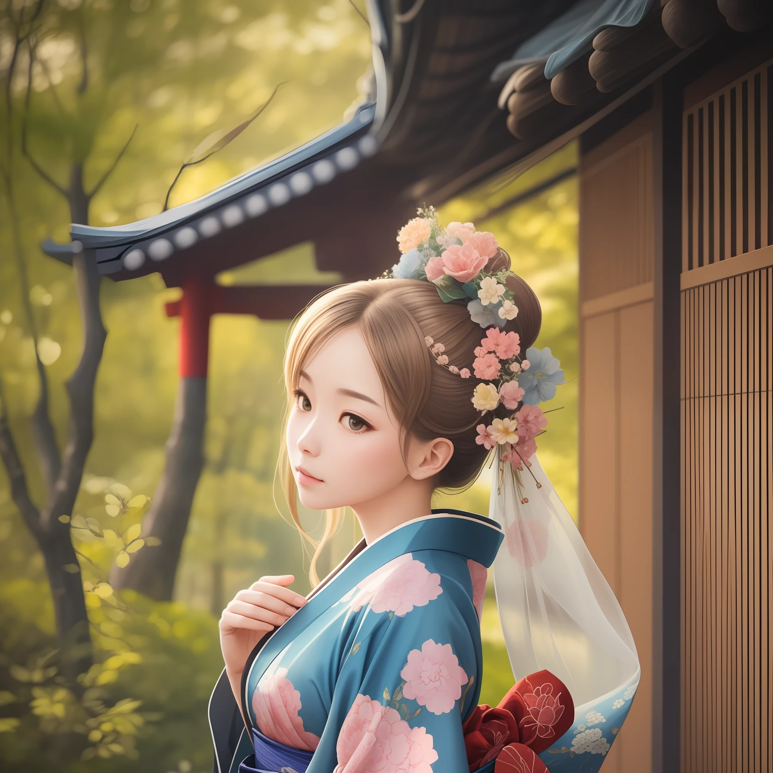 Just like my beautiful mother, my mother's younger sister, in a casual kimono with a beautiful but not gaudy color. pastel color tones for the kimono color scheme. Intricate traditional Japanese patterns for the kimono design. The overall mood of the artwork is serene and tranquil. The background setting of the artwork is a serene forest surrounded by mountains.Soft, diffused lighting creating a gentle glow. A camera model with high resolution and color accuracy. The composition should focus on the subject, highlighting the kimono and the serene surroundings. A perspective that captures the subject from a slightly elevated angle, emphasizing their elegance. A shallow depth of field to create a dreamy and ethereal atmosphere. A slower shutter speed to capture the softness and movement of the kimono fabric. High photo quality with crisp details and vibrant colors. Utilize techniques such as bokeh and leading lines to enhance the visual impact of the image. studio ghibli style