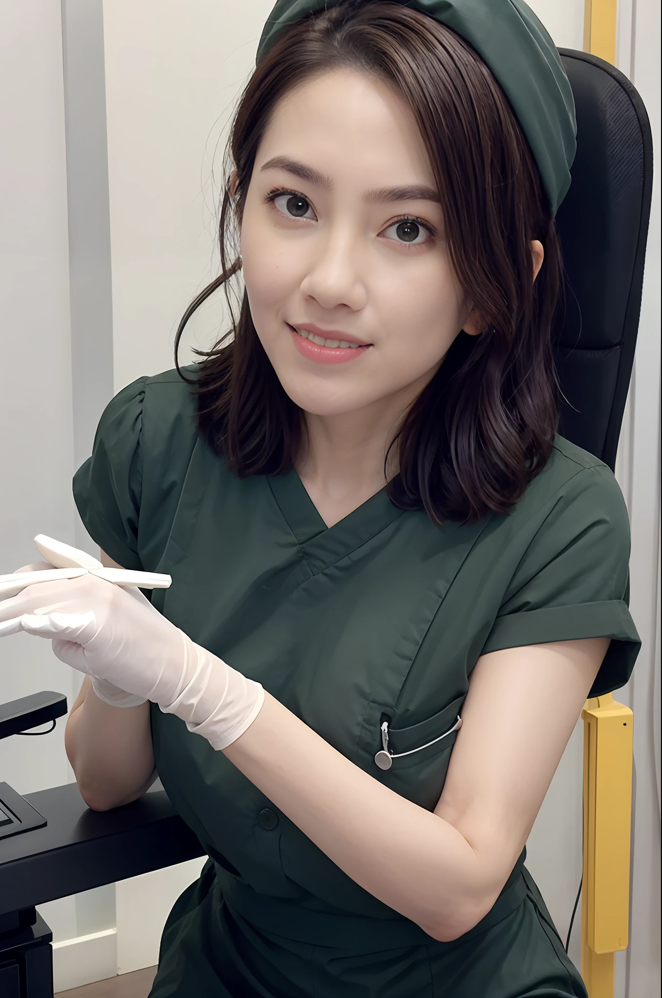(RAW photos,best qualtiy),(realisticlying,photograph realistic:1.3),wide angle photo,tmasterpiece,1girll,adolable,年轻,(The upper part of the body:1.3),photorealiscic face,standing on your feet,Studio lighting
Hospital operating theatre、surgical gloves、Medical equipment、Anesthesia machine
(((blanche))) nurse uniform smooth、 nurses、 nurse hat、Wear latex gloves