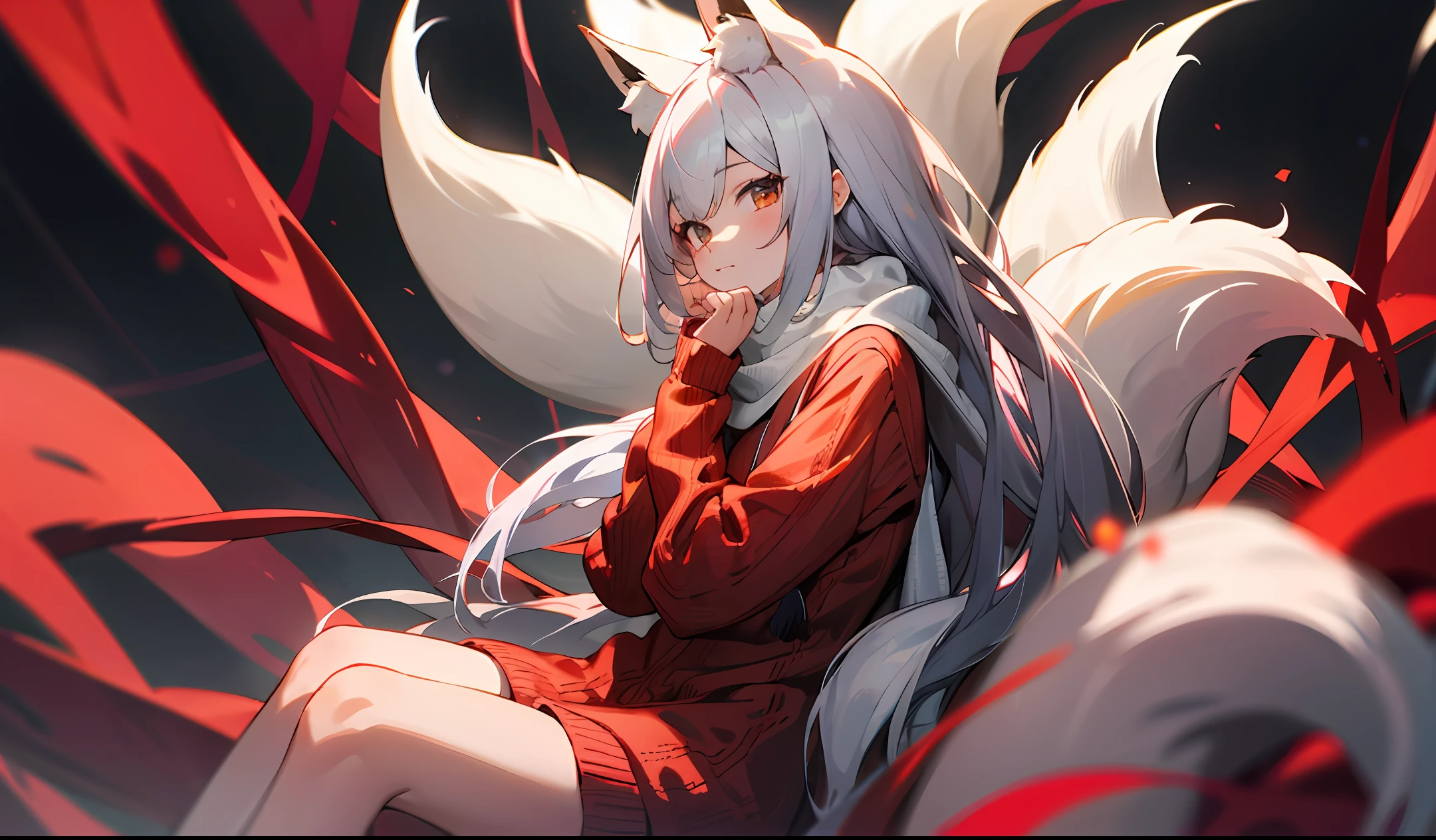 teens girl,Sit Pose,fox tails,cabelos preto e longos,Long red sweater,White scarf