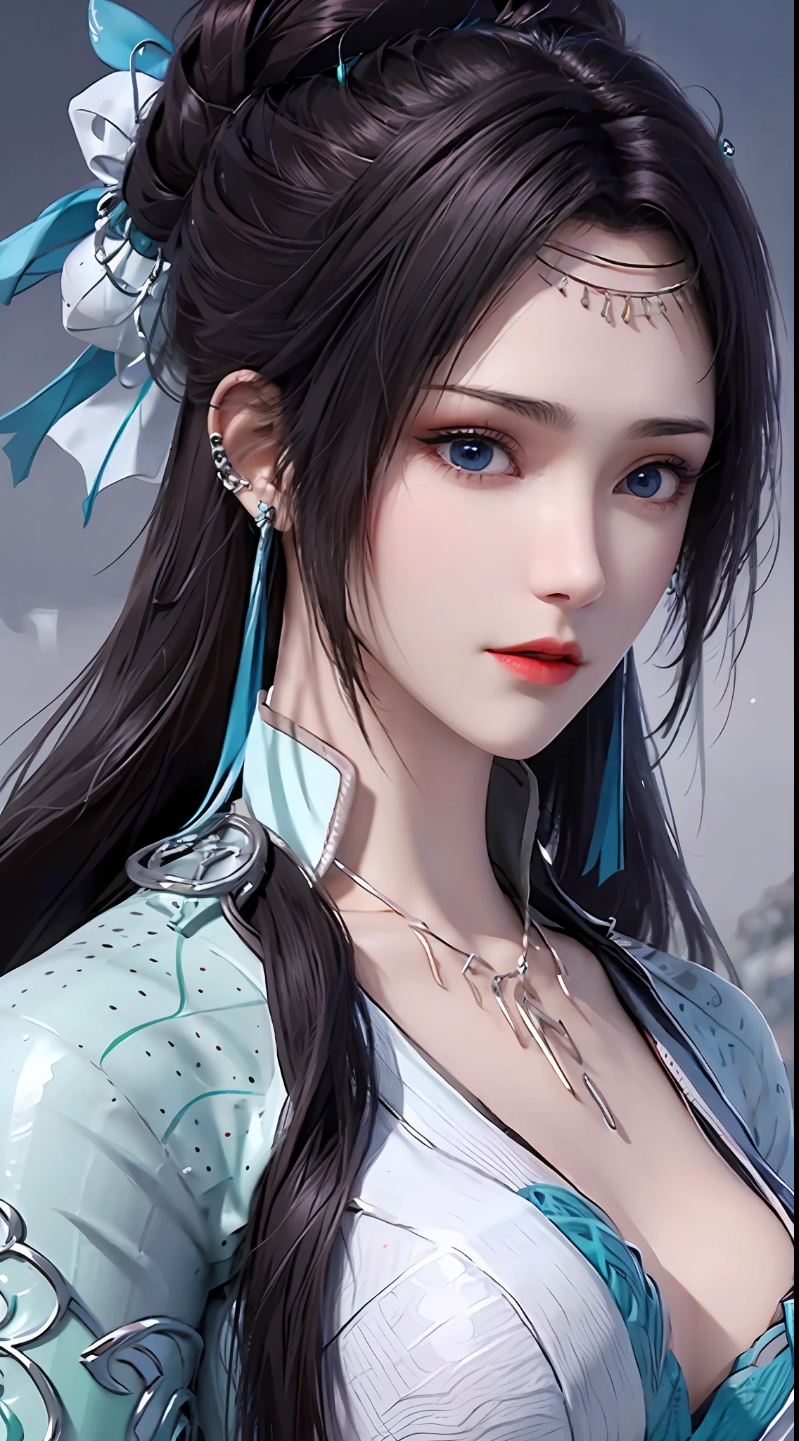 1 beautiful girl in hanfu dress, thin blue silk shirt with many white patterns, white lace trim, purple black long ponytail, hair jewelry, ear jewelry, necklace and necklace, meticulously drawn big blue eyes, meticulous makeup, thin eyebrows, high nose, pretty red lips, no smile, pursed lips, rosy cheeks, enlarged breasts, huge breasts, well-proportioned breasts, slim waist, colored mesh socks blue, loose hands, chinese hanfu style, fictional art textures, vivid and realistic colors, RAW photos, realistic photos, ultra-high quality 8k surreal photos, (great lighting effects) awesome: 1.8), 10x pixels, magic effect (background): 1.8), super detailed eyes, girl upper body, girl portrait, girl alone, hanfu historical background,