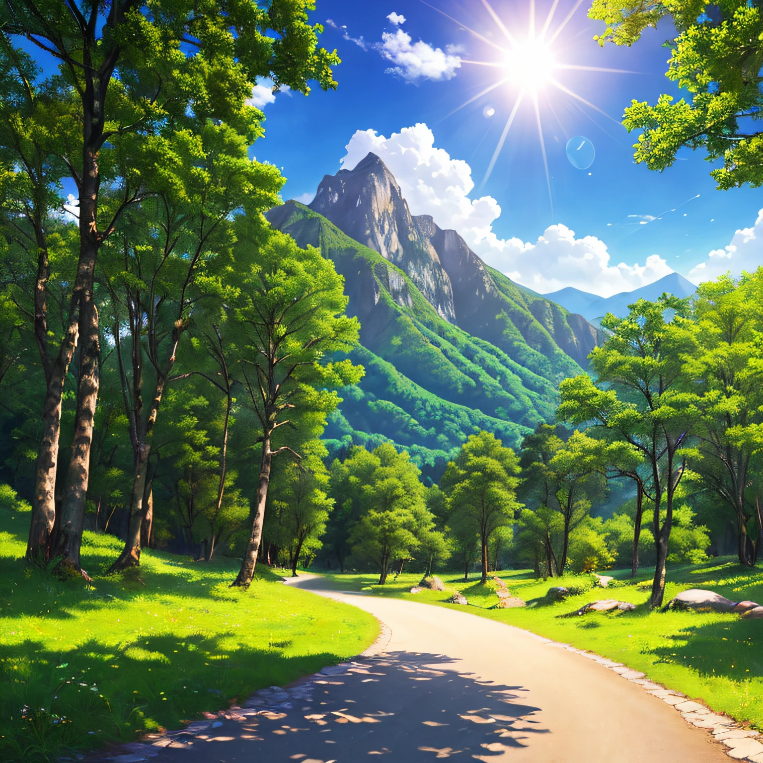 tmasterpiece,masterpiece,best quality,detailedbackground,detailed background,mountain ranges,mountains,path,footpath,ln the forest,forest,rays of sunshine,sunshine,In the daytime,daytime, blue-sky,blue sky,baiyun,white clouds,the trees,trees. --auto