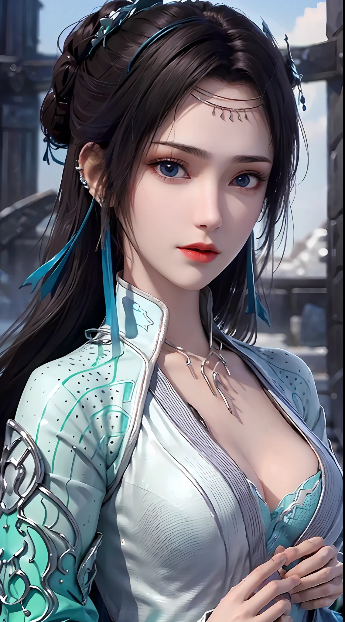 1 beautiful girl in hanfu dress, thin blue silk shirt with many white patterns, white lace trim, purple black long ponytail, hair jewelry, ear jewelry, necklace and necklace, meticulously drawn big blue eyes, meticulous makeup, thin eyebrows, high nose, pretty red lips, no smile, pursed lips, rosy cheeks, enlarged breasts, huge breasts, well-proportioned breasts, slim waist, colored mesh socks blue, loose hands, chinese hanfu style, fictional art textures, vivid and realistic colors, RAW photos, realistic photos, ultra-high quality 8k surreal photos, (great lighting effects) awesome: 1.8), 10x pixels, magic effect (background): 1.8), super detailed eyes, girl upper body, girl portrait, girl alone, hanfu historical background,