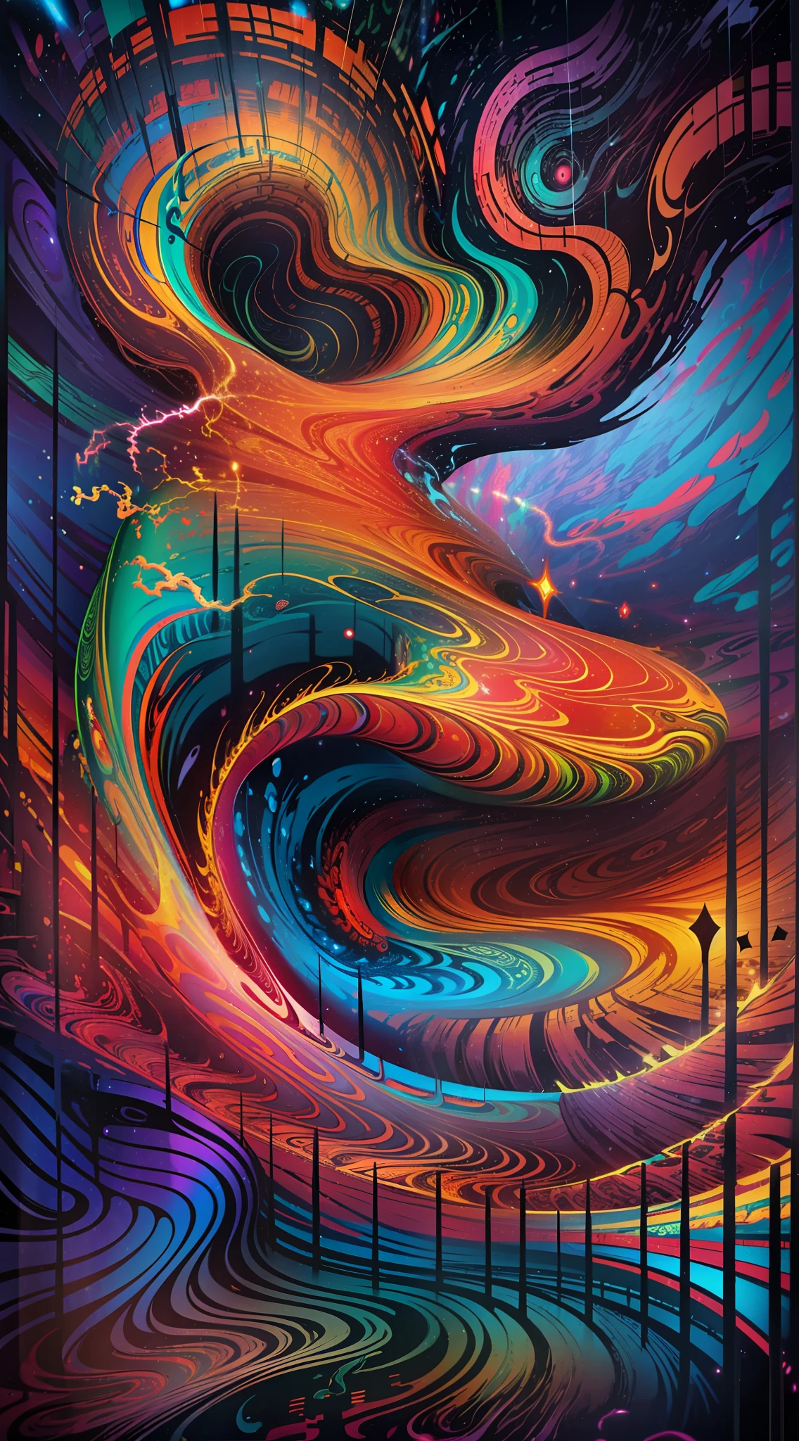 Bright colors, thick lines, waves, multi-layered, foreground, vista, fractal thunder Dammford, Dammenford and Alex gray style, psychedelic surrealist art, surrealist psychedelic design, fantasy art style, illusion psychedelic art, infinite psychedelic waves, inspired by Cyril Rolando, real ripple structure, psychedelic art style, psychedelic art, psychedelic illustration - V6