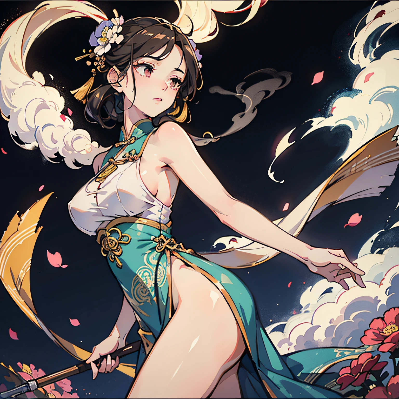 nsfw, zhongfenghua, 1girl, solo, hanfu, ancient_chinese_architecture, flower field, blossom, (white smoke:1.3) (photorealistic:1.4), zentangle, mandala, entangle, official art, unity 8k wallpaper, ultra detailed, beautiful and aesthetic, masterpiece,best quality, (dynamic angle:1.4), glowing skin, (floating colorful sparkles:1) the most beautiful form of chaos, elegant, a brutalist designed, vivid colours, romanticism depth of field exotic_dance, half_naked --auto