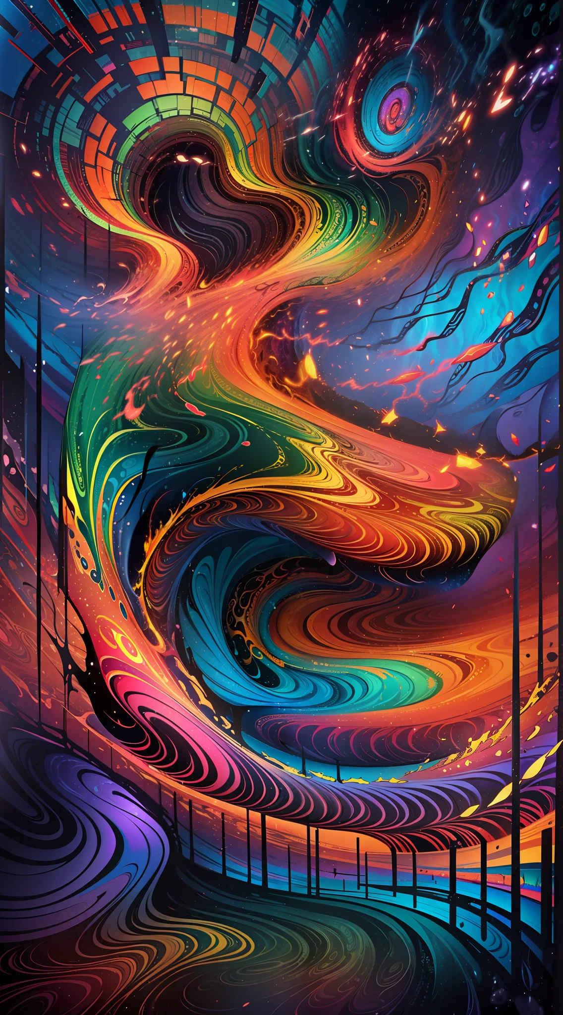 Bright colors, thick lines, waves, multi-layered, foreground, vista, fractal thunder Dammford, Dammenford and Alex gray style, psychedelic surrealist art, surrealist psychedelic design, fantasy art style, illusion psychedelic art, infinite psychedelic waves, inspired by Cyril Rolando, real ripple structure, psychedelic art style, psychedelic art, psychedelic illustration - V6