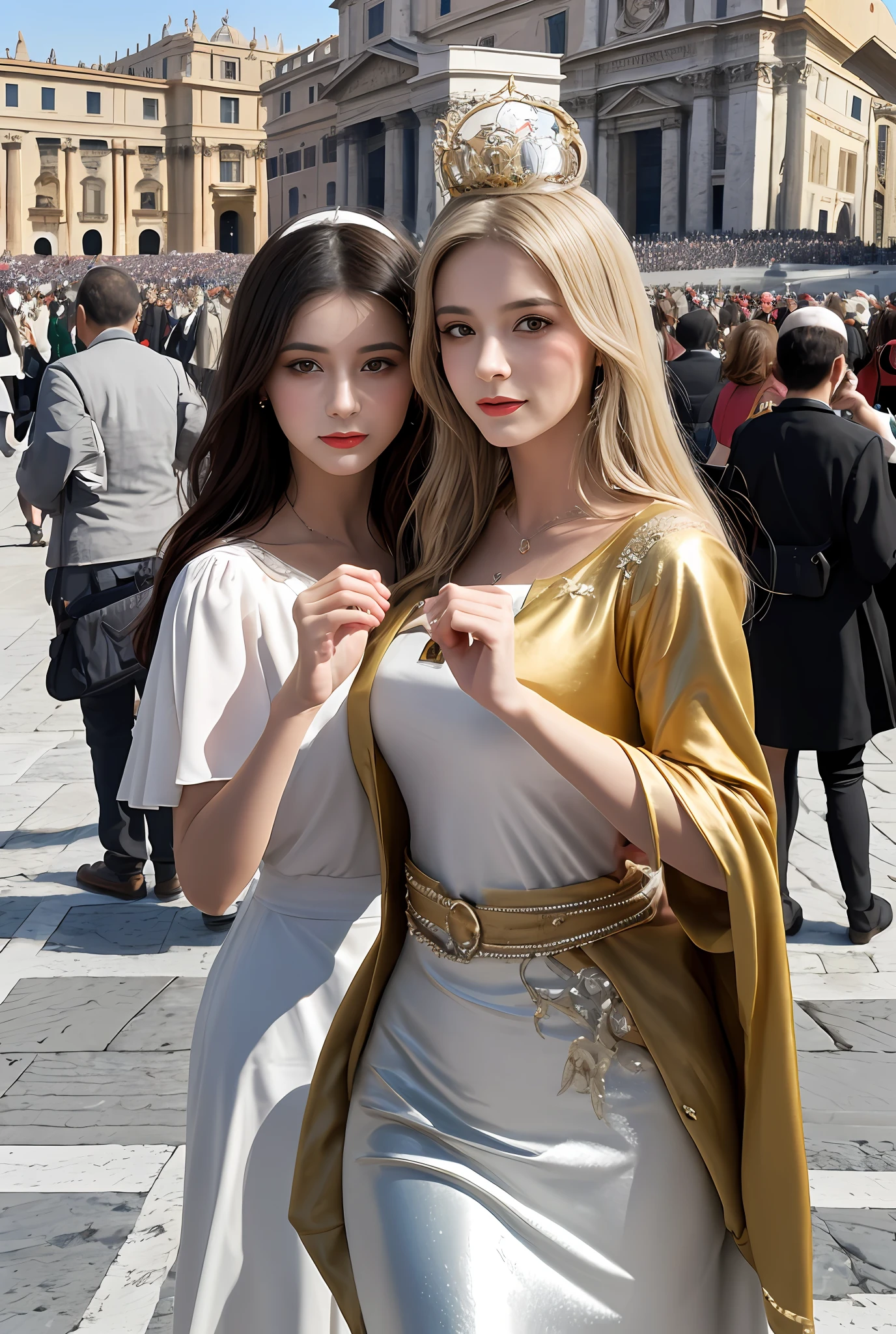 (巨作, Best quality, Realistic),
2girls,duo,(on the St. Peter's Square of Vatican,crowd), sankta. Peter's Square of Vatican background,gypsy dress,(Princess Eyes,shiny pupils),Dancing,banquet, crowd, picking up skirt,
[Slight smile],