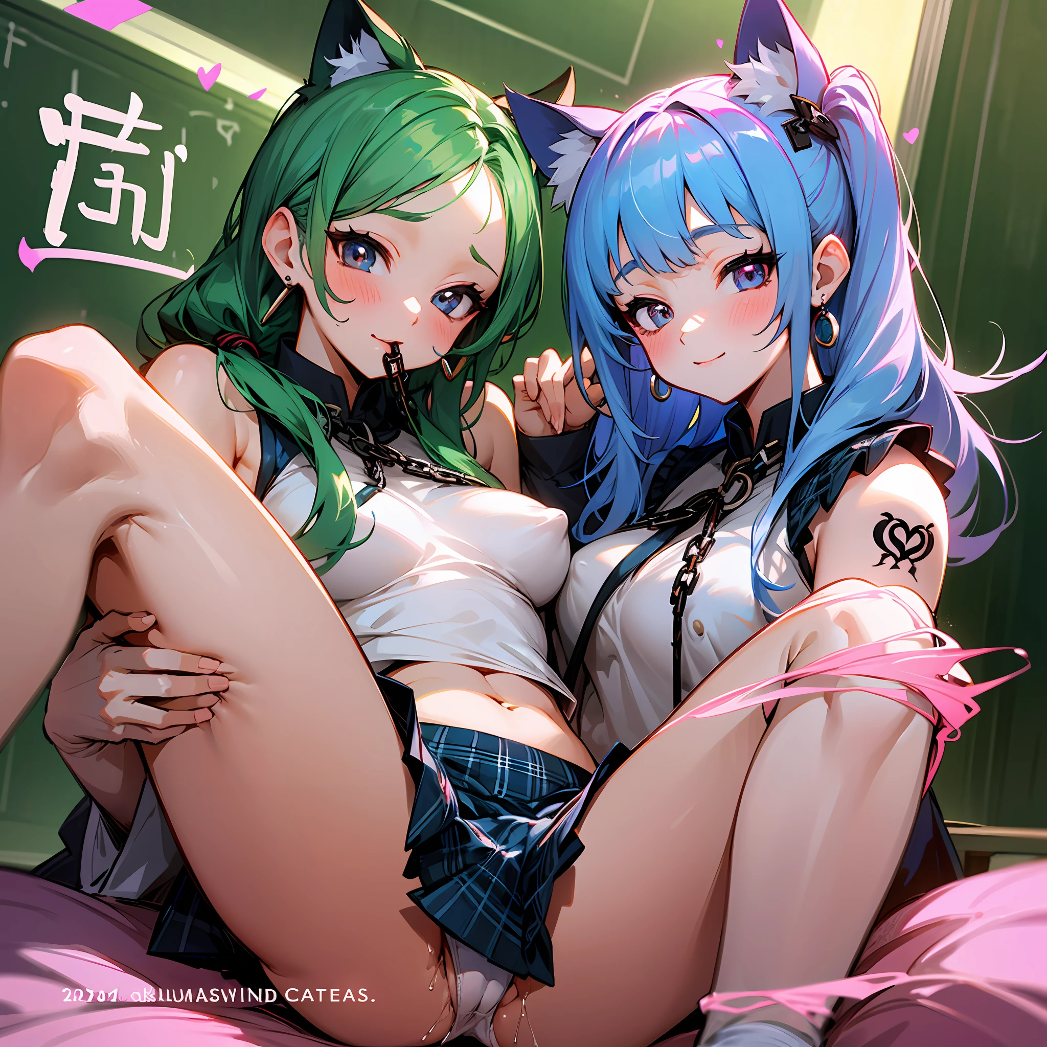 multipel Girls，2girls，exposing her chest，leg tattoos，Blushlush，Tattooed with，Arm tattoos，white  clothes，jewely，Green hair，pillow head，Black shoe earrings，Keep one's mouth shut，Tassel earrings，on top of the bed， juice，Lateral face，Basin curtain，naked leg，Cover your navel，bare shoulders​，mediuml breasts，pigtails girl，Heart-shaped pupils，Sexual suggestiveness，bachelorhood，a skirt，pantiess，pantiess，long whitr hair，Tight panties，Tight panties，white  panties，Open-mouthed，looki at viewer，‎Classroom，ssmile，blue hairs，The shirt，校服，tight fit clothes，with brown eye，Chinese text，tartan，White color blouse，Blushlush，Short frilled skirt，blackboards，Plaid skirts，Dyed panties，inside in room，Harnes，Take off your panties，D，Collared shirt，Study desk，cowboy lens，classroom desk，By bangs，chain，upper legs，censorship，nedium breasts，white thighhig，nabel，looki at viewer，opening legs，neckwear，sitted， juice，bar censor，thongs，By bangs，pussycat，A pink-haired，foot out of frame，mediuml breasts，nipple tassels，hair loops，long whitr hair，hair adornments，Keep one's mouth shut，Blushlush，锁链，binding，Separate bangs，Forehead imprints，chain，nakeness，Facial imprints，The sleeves come off，BDSM，folds，hason，between  --auto