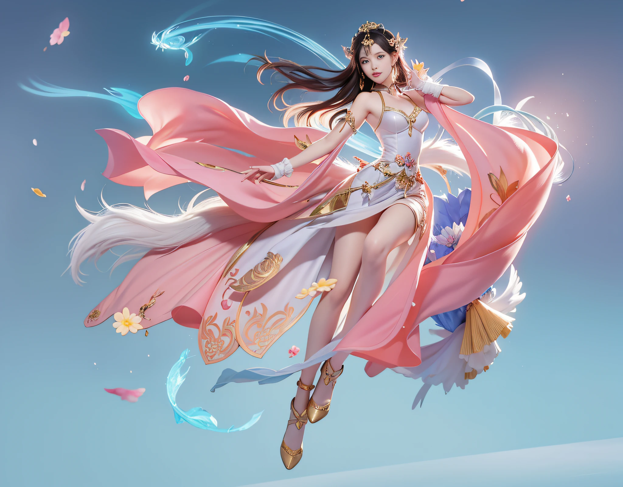 Anime girl in pink dress flying in the air, Beautiful young wind spirit, by Yang J, a beautiful fantasy empress, A beautiful artwork illustration, ! Dream Artgerm, Kushatt Krenz Key Art Women, Anime fantasy illustration, author:Chen Lin, art-style, author:Qu Leilei, full-body xianxia, Anime goddess