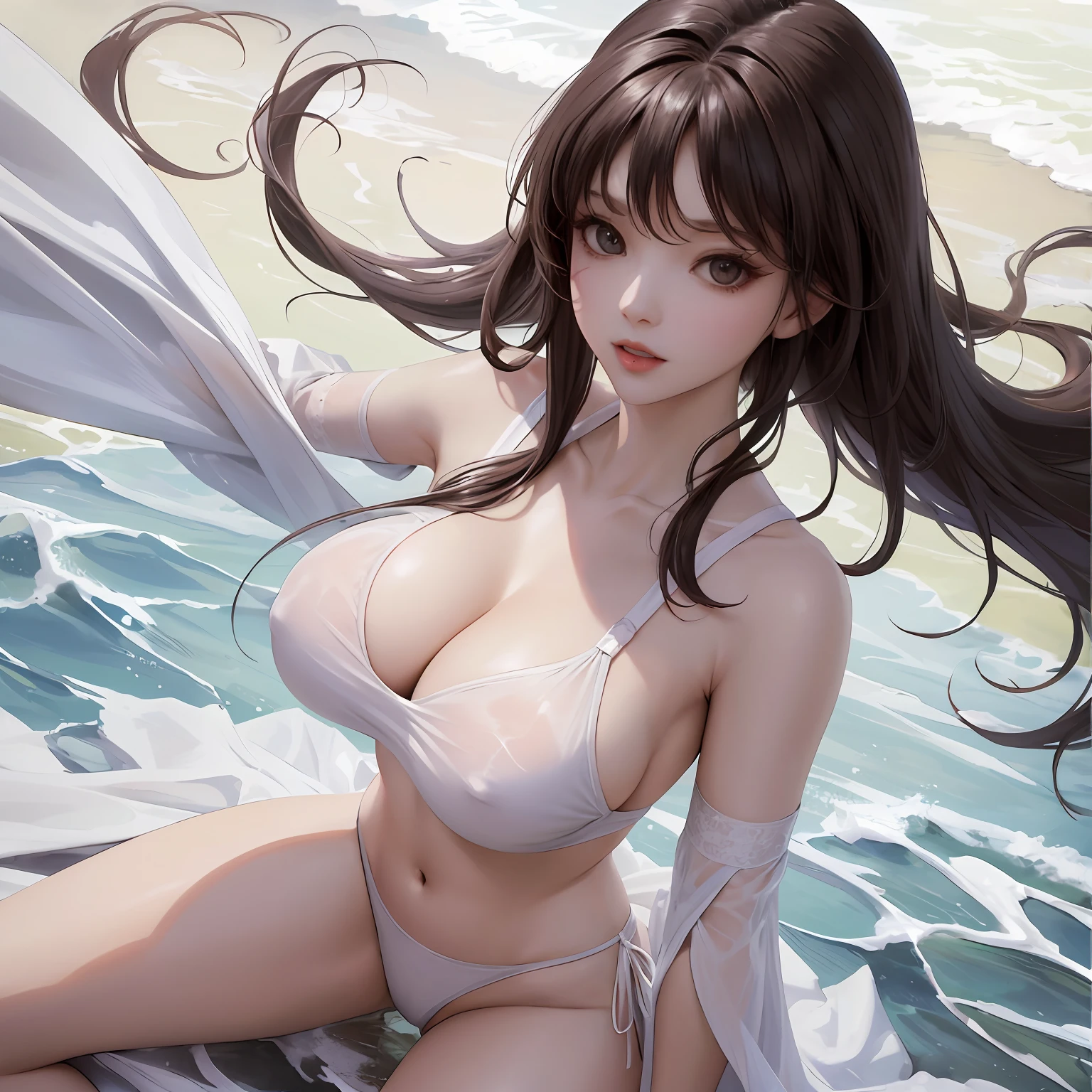 tmasterpiece， Awesome， peeping at the viewer， Realistis， The whole body is in the shot， on the lap， brunette color hair， long whitr hair， Thorough， White less cloth transparent mini shirt， White transparent thong， beachside， RAWE is very detailed， ahegao， Be red in the face， l rupture， Leucorrhoea， very Bigger breastp your breasts with nds，spread their legs， sexually arousing， spressio， Glossy gloin。 --auto