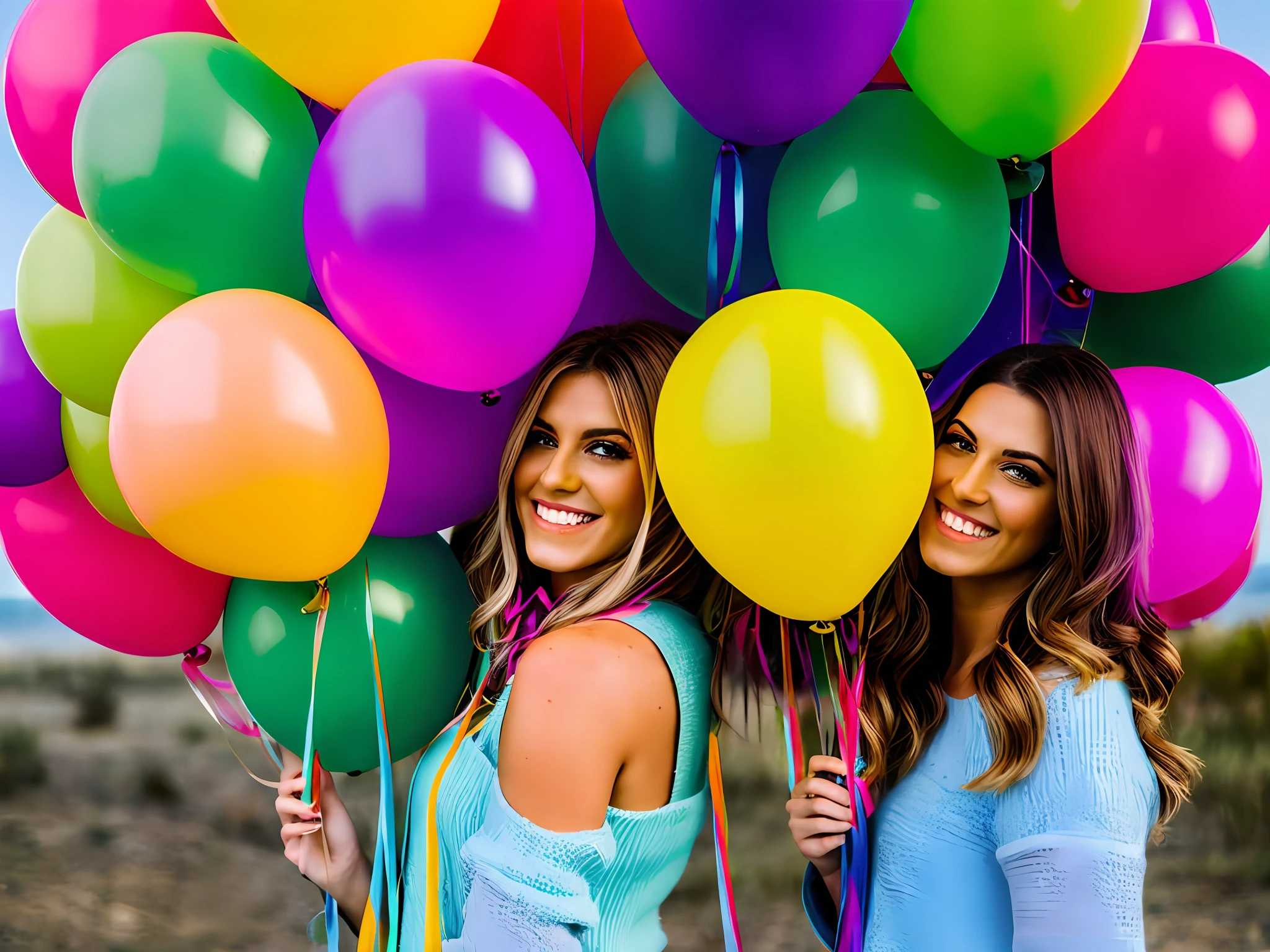 Mujer rubia con muchos globos de colores