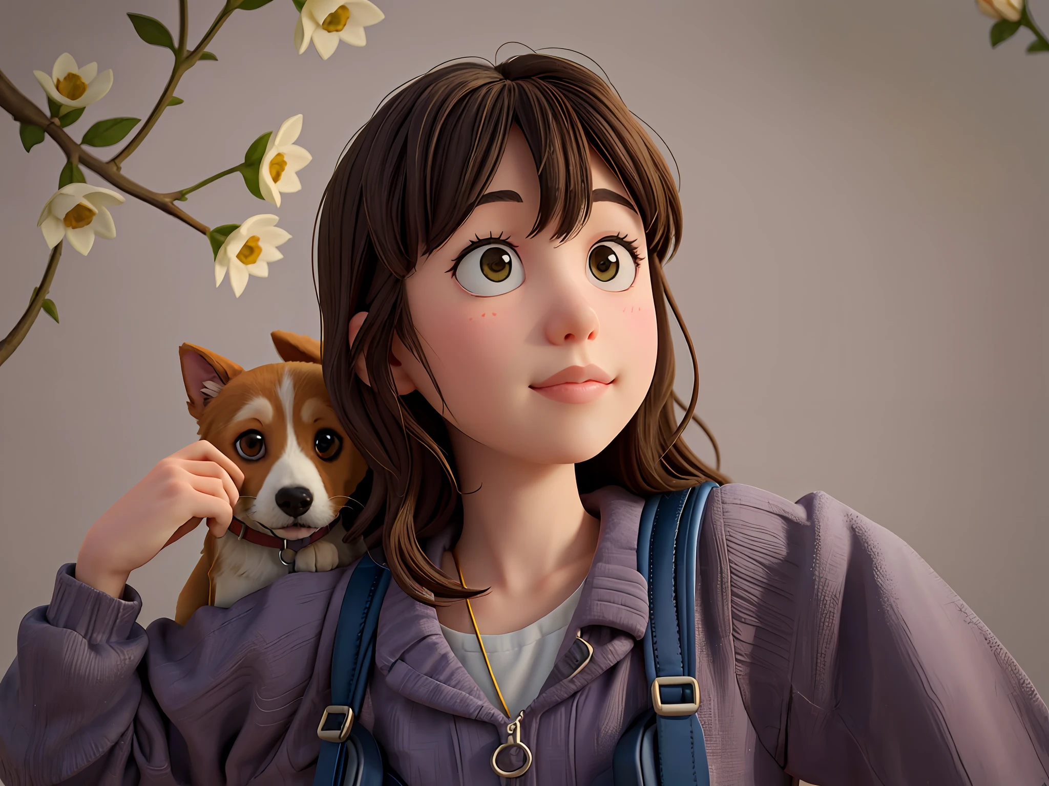 A very charming little girl with a backpack and her cute border collie puppy enjoying a lovely spring outing surrounded by beautiful yellow flowers and nature. The illustration is a high-definition illustration in 4K resolution with highly detailed facial features and cartoon-style visuals.