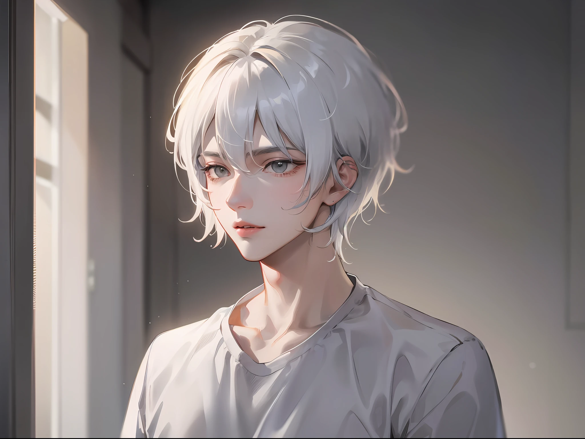 (k hd、Ultra-fine CG picture,Best picture quality、Fidelity)、(Best light and shadow effects,Very delicate and beautiful)、street、A young man and a man、The shirt,White color hair,独奏,short detailed hair,