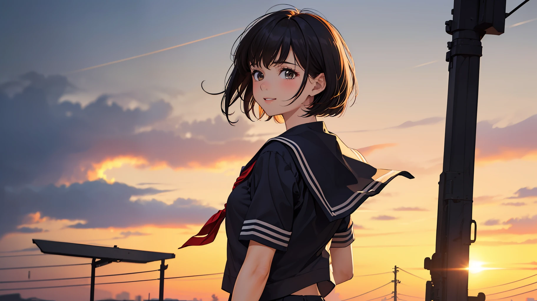 (masterpiece, best quality, extremely detailed, absurd res, absolutely resolution, 4K, 8K, realistic:1.2) 1girl, solo, ushuo, short black hair, short hair, brown eyes, school uniform, serafuku, short sleeves, pleated skirt, smile, parted lips, from behind, looking back, blush, standing, cinematic lighting,