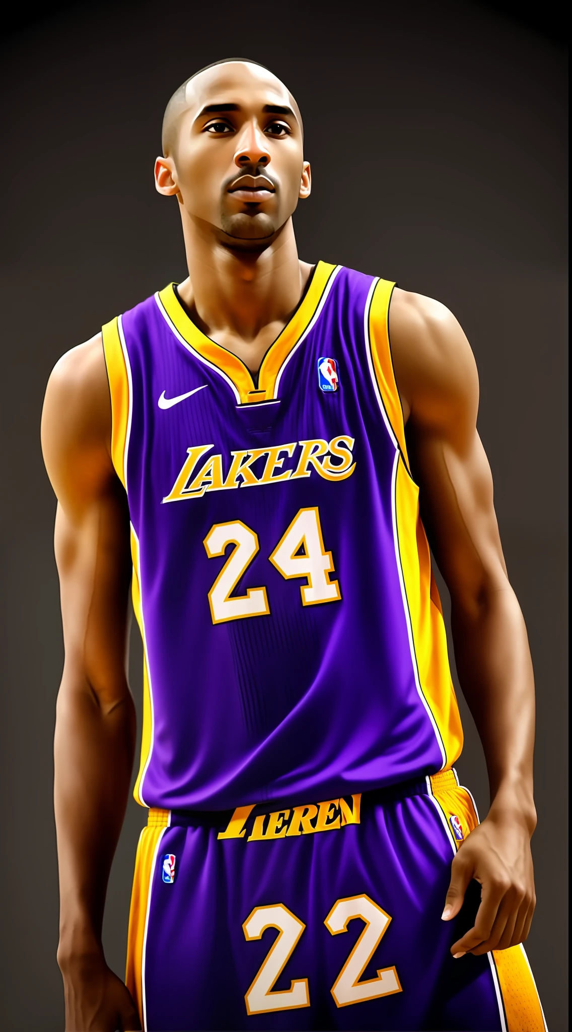 Close-up of basketball player in purple jersey, Kobe bryant, portrait of kobe bryant, wearing NBA jersey, posterized, Sark, post-proces, Deep in thought, The end of an era, ( greg rutkovsky ), jordan lamarre - wan, looking sad, bancovered, post-proces), corrected, poised, desaturated!!, BREAK BREAK BREAK, Looking to the left
