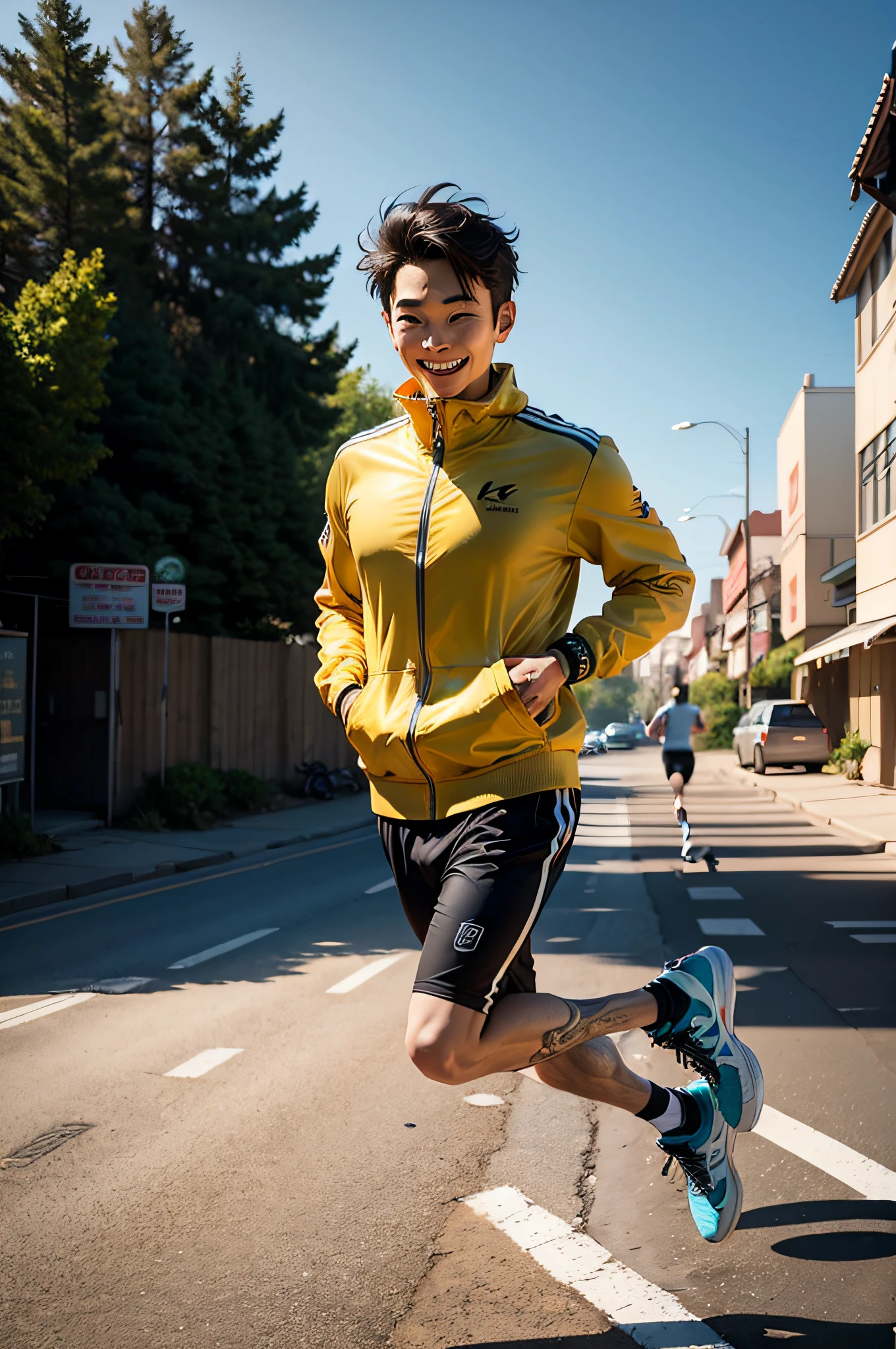 male people,On the road,jogging,exteriors,k hd,sideface,45° lens,ssmile,rays of sunshine,Clean body,No tattoos,45° lens。 --auto