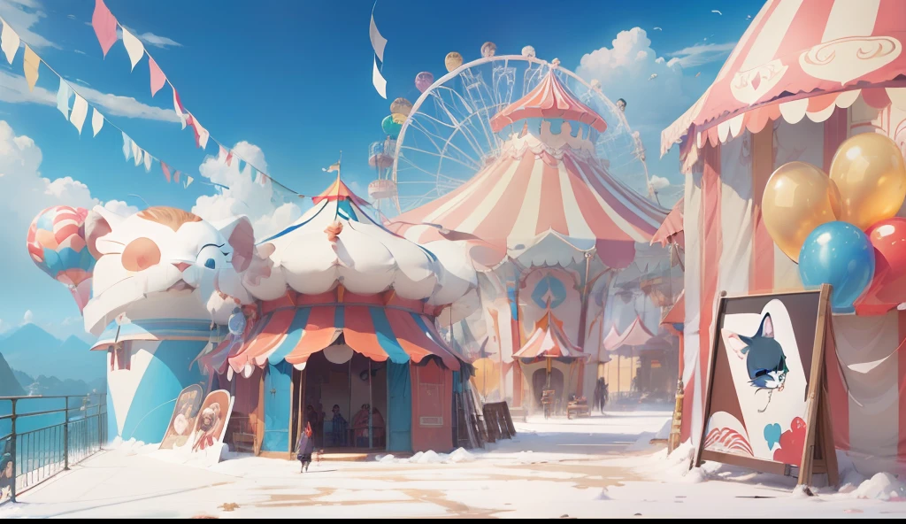 There are circus tents in the amusement park,Cat balloons,poggers,carousel horses, zootopia concept art, Cartoon concept art, hiyao miyazaki,Stylized concept art, concept-art, professional concept art, Anime landscape concept art, painterly concept art, circus, painted as a game concept art, concept art scene, concept-art, concept-art, movie concept art, concept art illustration --auto
