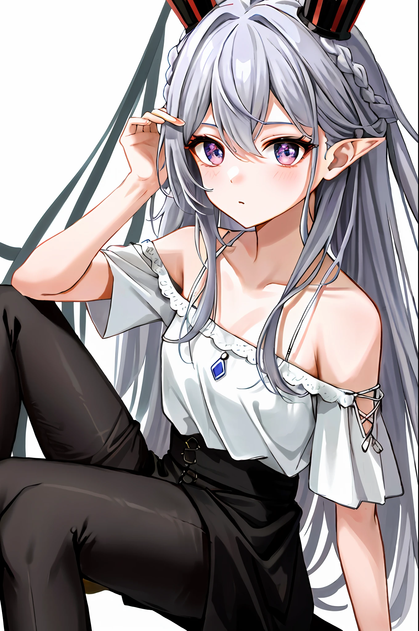 Best quality, highly detailed, masterpiece, ultra detailed, (reality: 1.2), 1 girl, (white background), simple background, delicate eyes, silver hair, purple eyes, hair_ornament, (white off-the-shoulder shirt: 1.3), long hair, pointy_ears, crown_braid, expressionless, straight hair, (++ sitting: 1.2), room,
